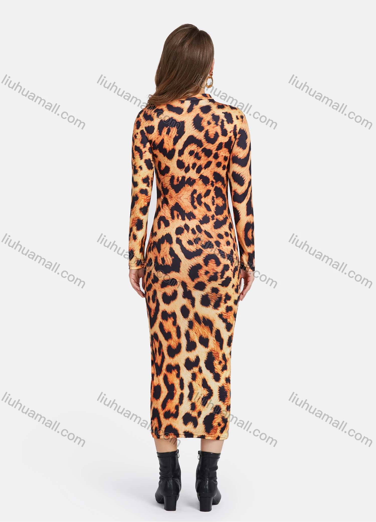 Wholesale Women's Fashion Long Sleeve Mock Neck Leopard Print Bodycon Midi Dress - Liuhuamall