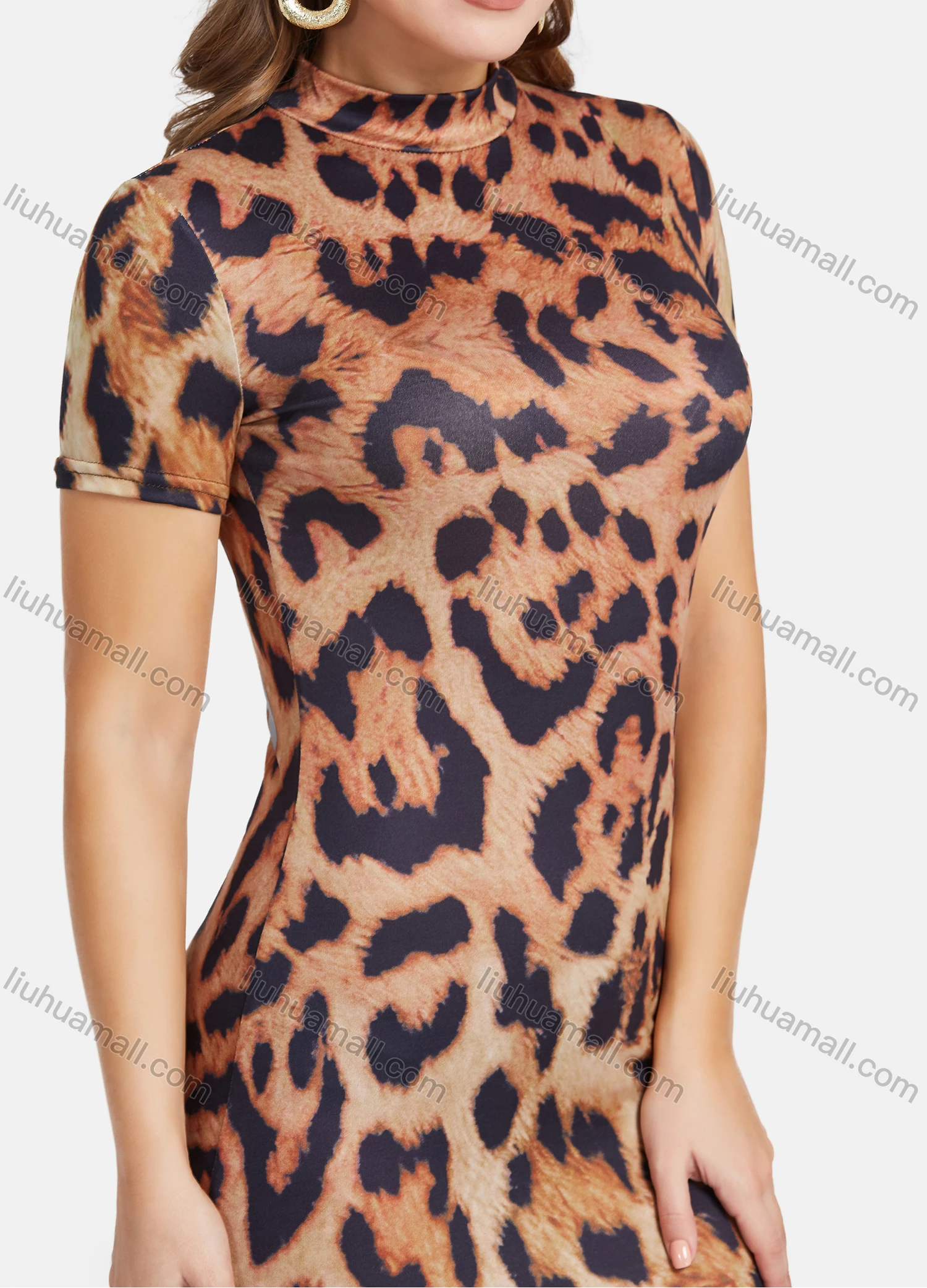 Wholesale Women's Fashion Short Sleeve Mock Neck Leopard Print Bodycon Midi Dress - Liuhuamall