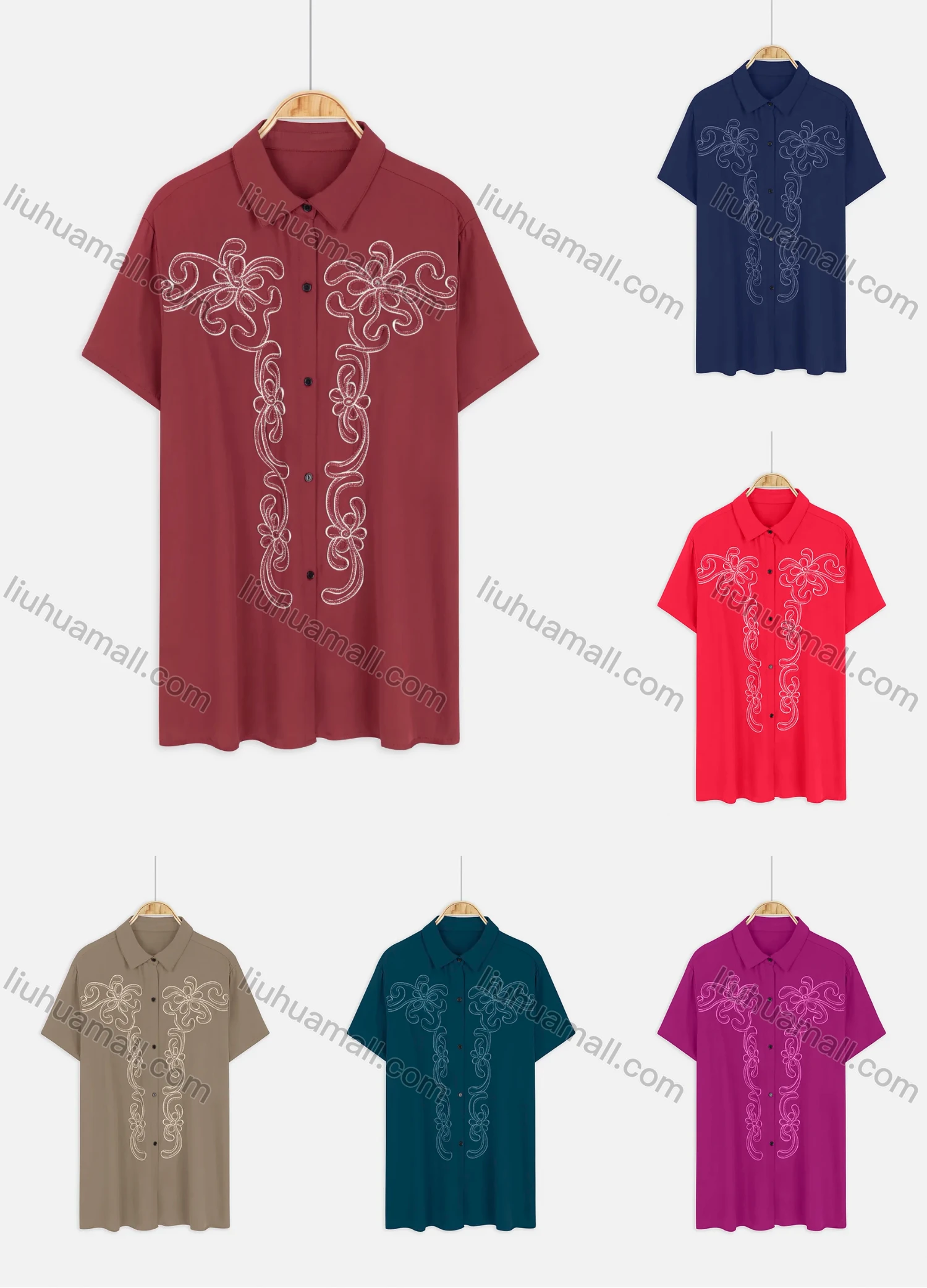 Wholesale Women's Plus Size Collared Short Sleeve Button Down Embroidery Casual Shirt - Liuhuamall