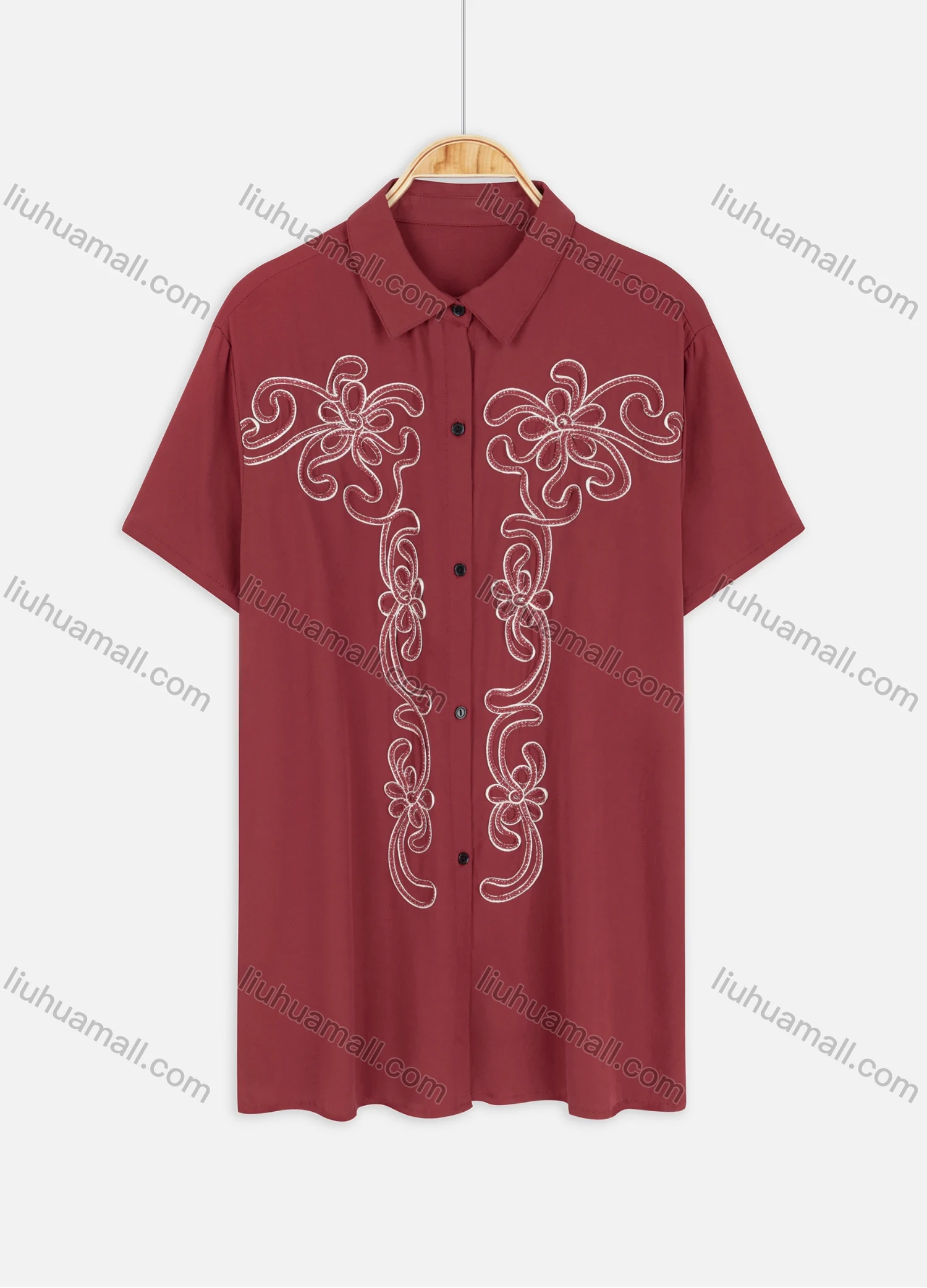 Wholesale Women's Plus Size Collared Short Sleeve Button Down Embroidery Casual Shirt - Liuhuamall
