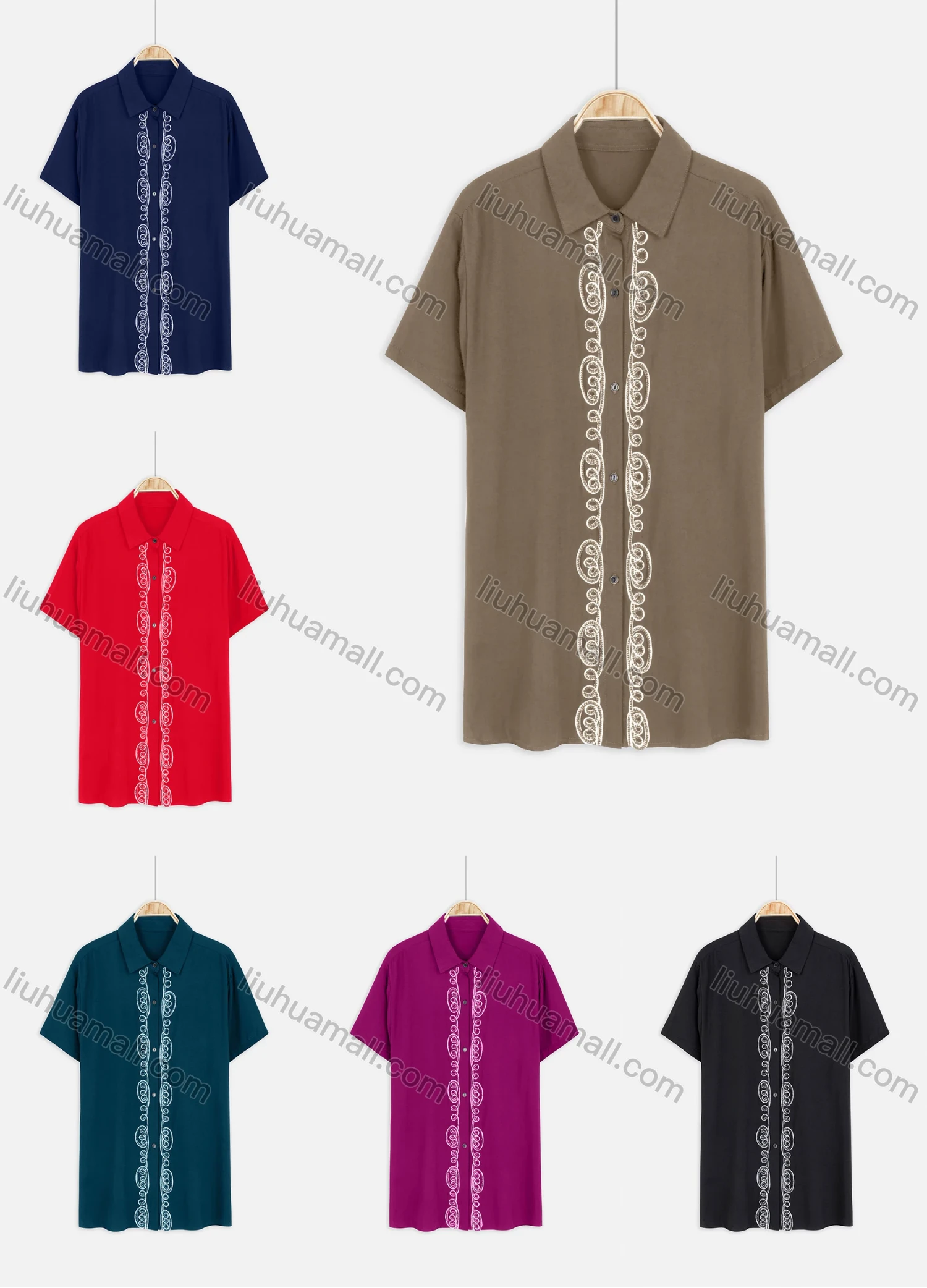 Wholesale Women's Plus Size Round Neck Short Sleeve Embroidery Casual Shirt - Liuhuamall