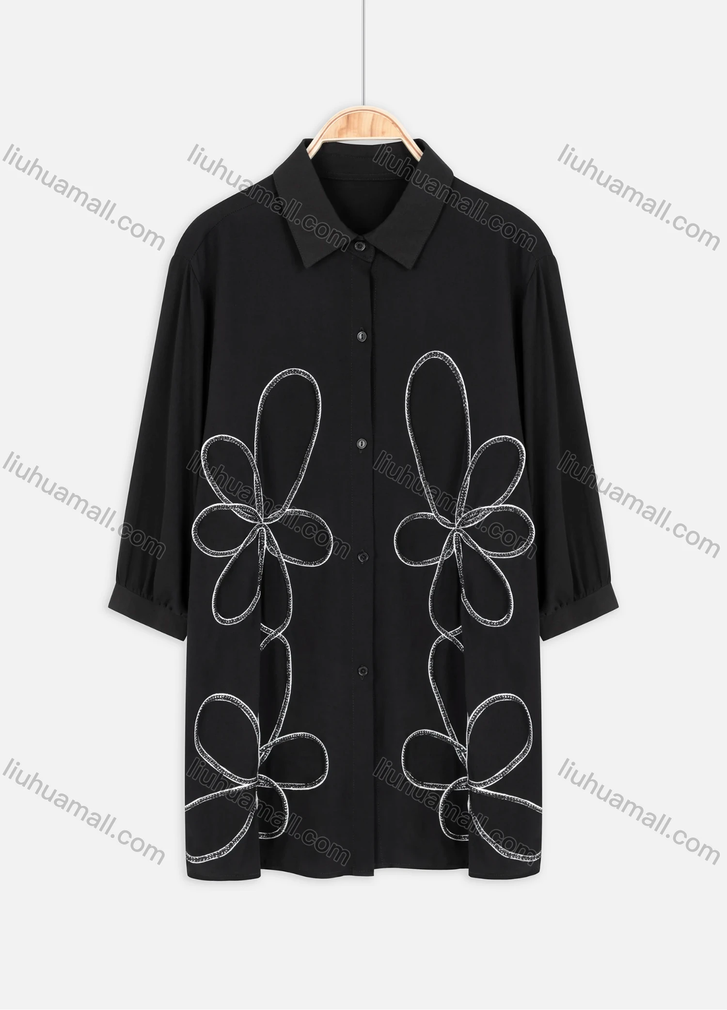 Wholesale Women's Plus Size Collared 3/4 Sleeve Button Down Embroidery Casual Shirt - Liuhuamall