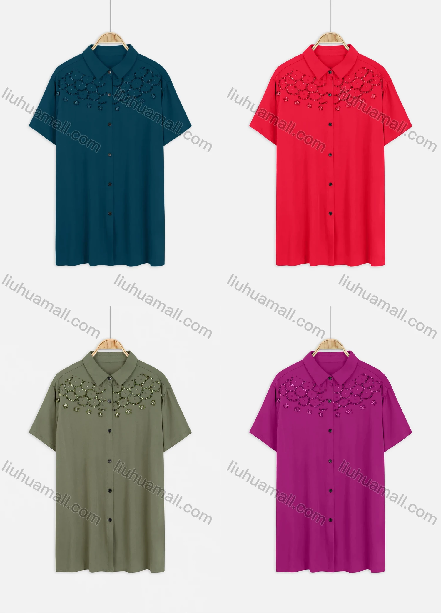 Wholesale Women's Plus Size Collared Short Sleeve Button Down Embroidery Casual Shirt - Liuhuamall