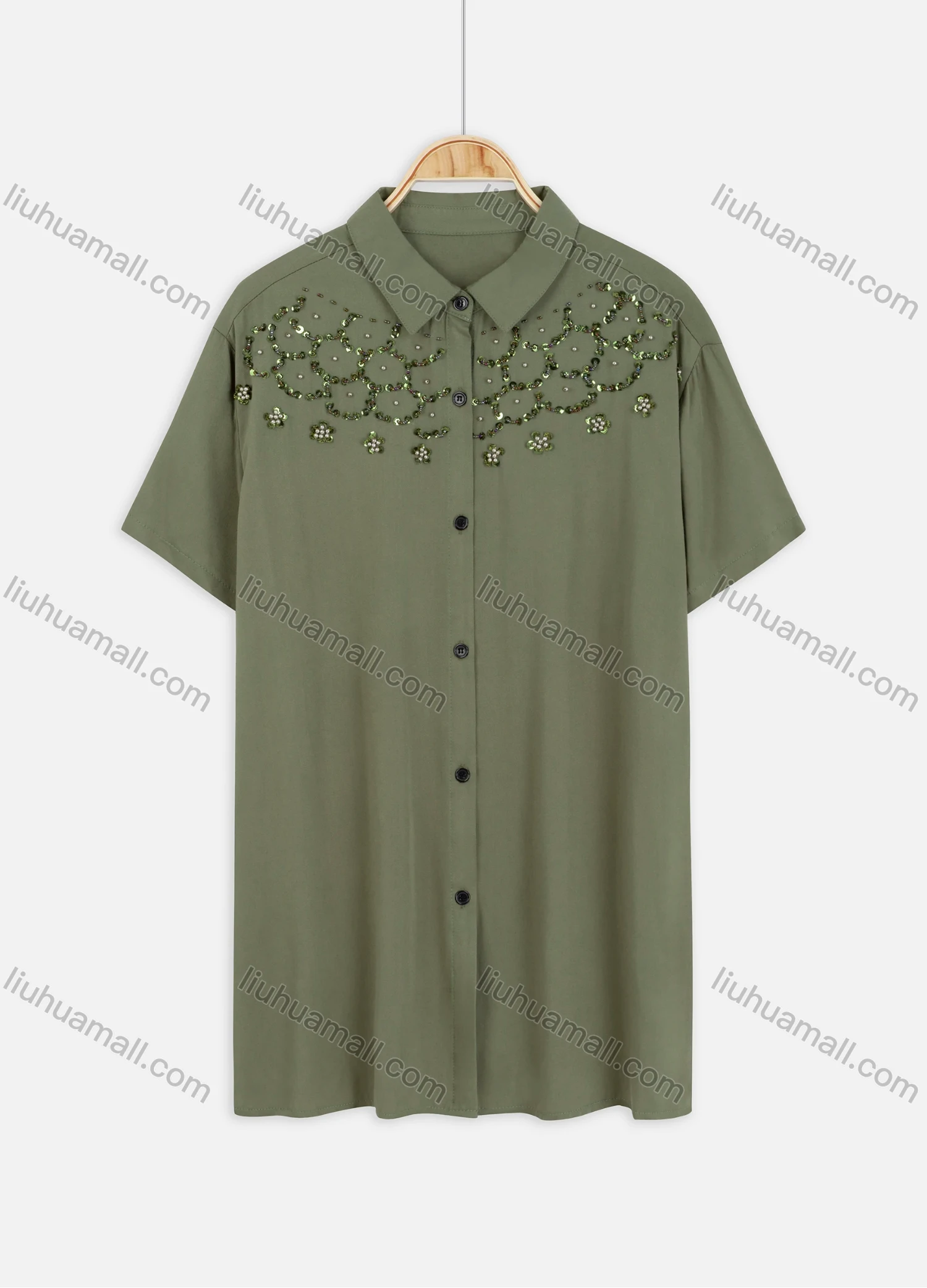 Wholesale Women's Plus Size Collared Short Sleeve Button Down Embroidery Casual Shirt - Liuhuamall