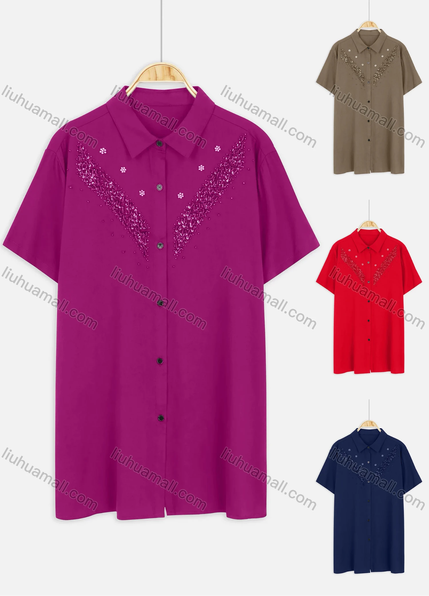 Wholesale Women's Plus Size Collared Short Sleeve Button Down Embroidery Casual Shirt - Liuhuamall