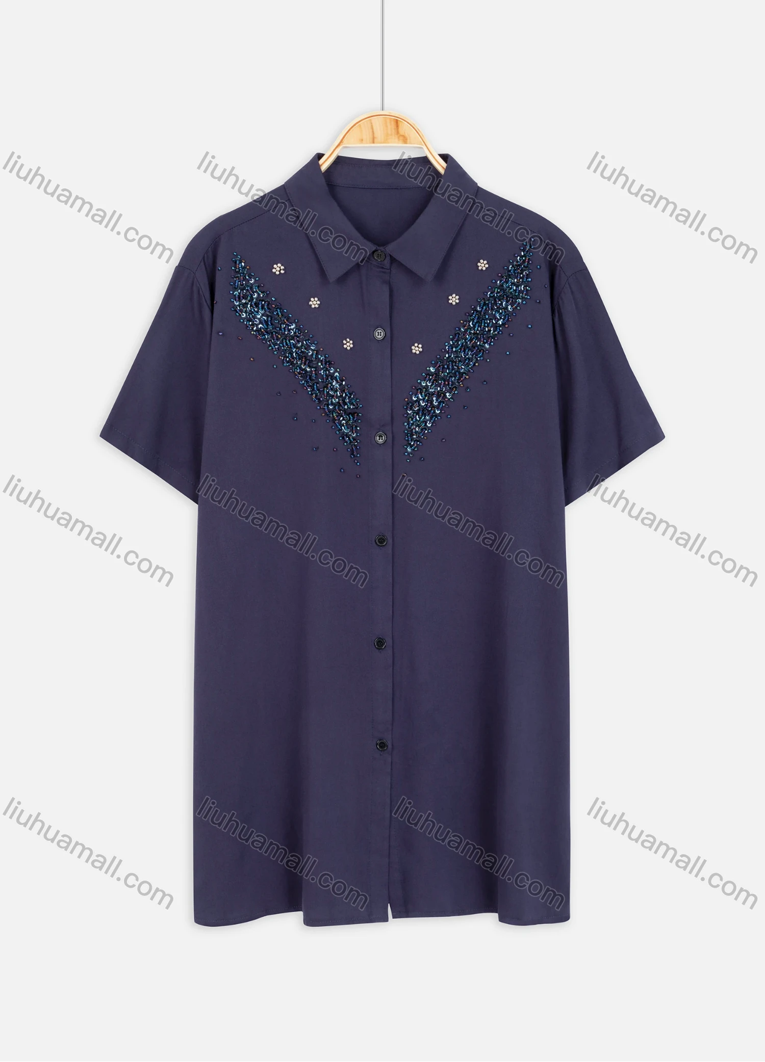 Wholesale Women's Plus Size Collared Short Sleeve Button Down Embroidery Casual Shirt - Liuhuamall