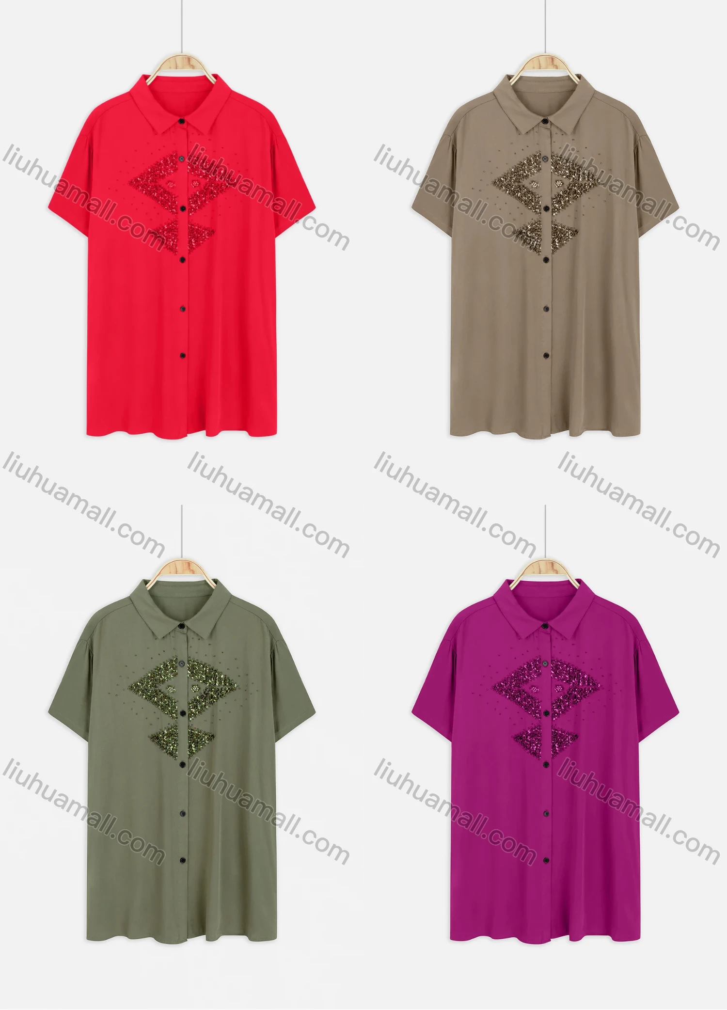 Wholesale Women's Plus Size Collared Short Sleeve Button Down Embroidery Casual Shirt - Liuhuamall