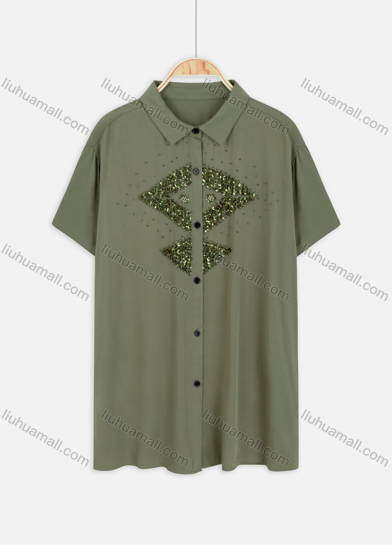 Wholesale Women's Plus Size Collared Short Sleeve Button Down Embroidery Casual Shirt - Liuhuamall