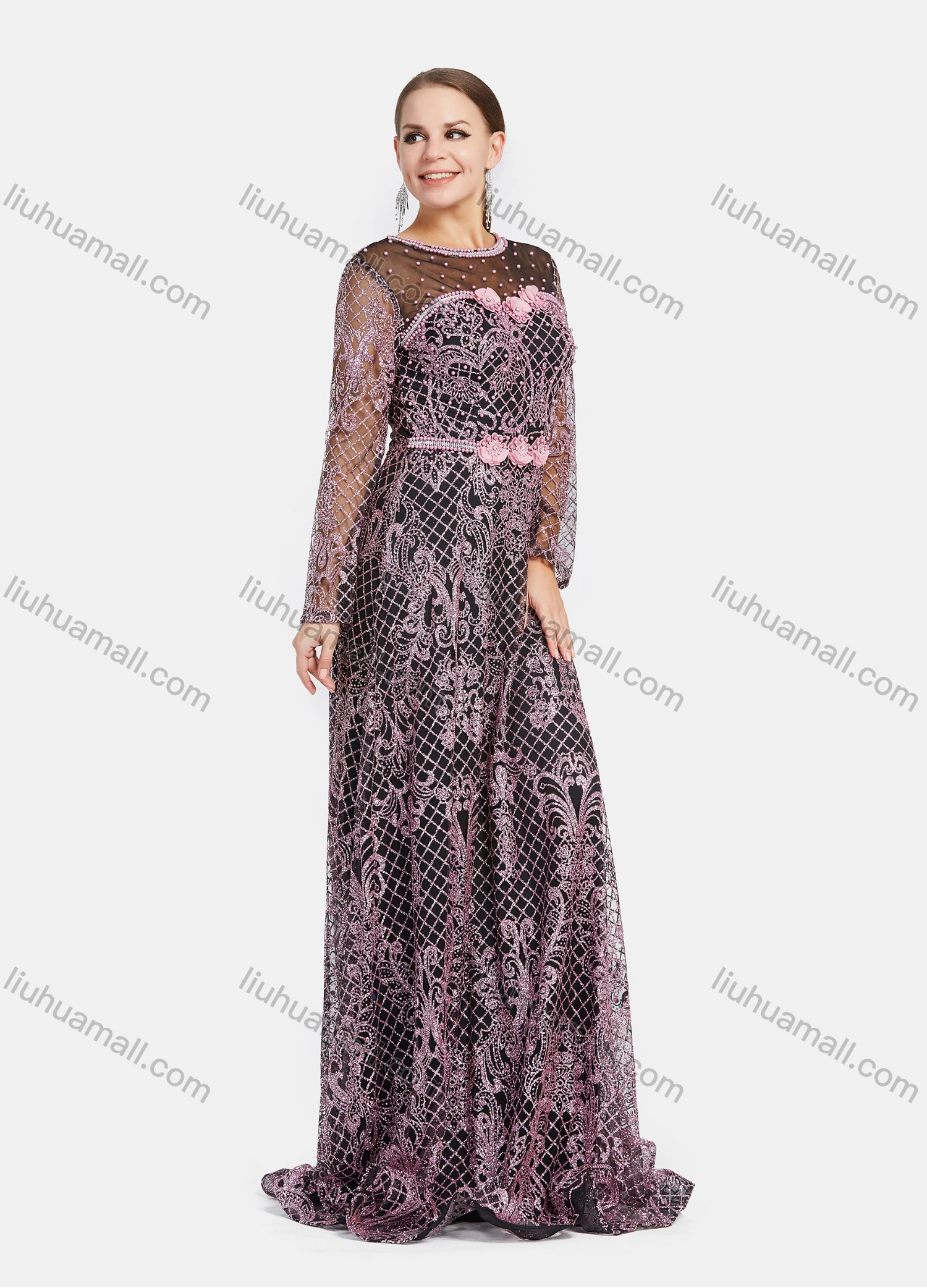Wholesale Women's Elegant Rhinestone 3D Floral Pearl Decor Mesh Floor Length Dress #2658 - Liuhuamall