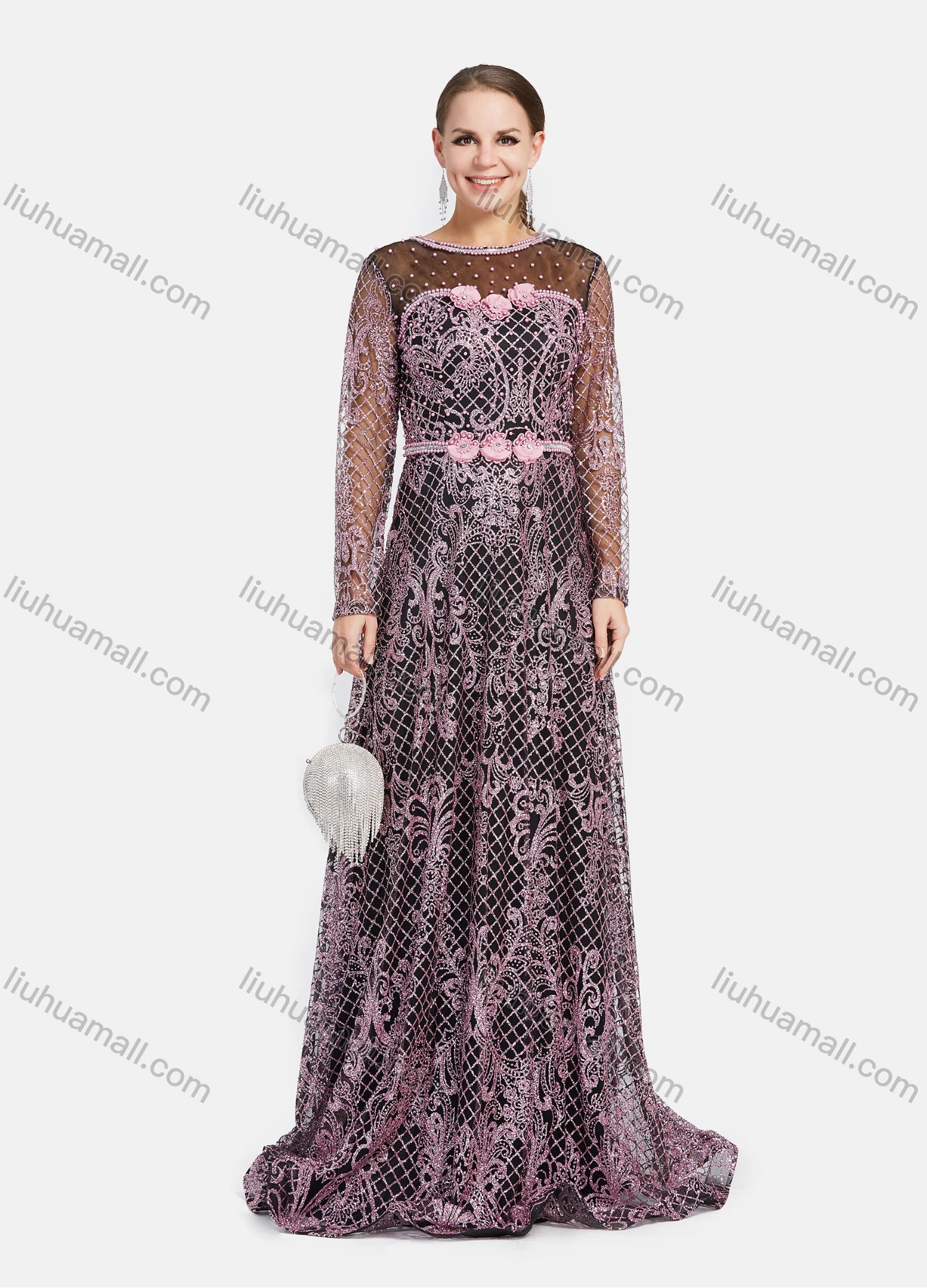 Wholesale Women's Elegant Rhinestone 3D Floral Pearl Decor Mesh Floor Length Dress #2658 - Liuhuamall