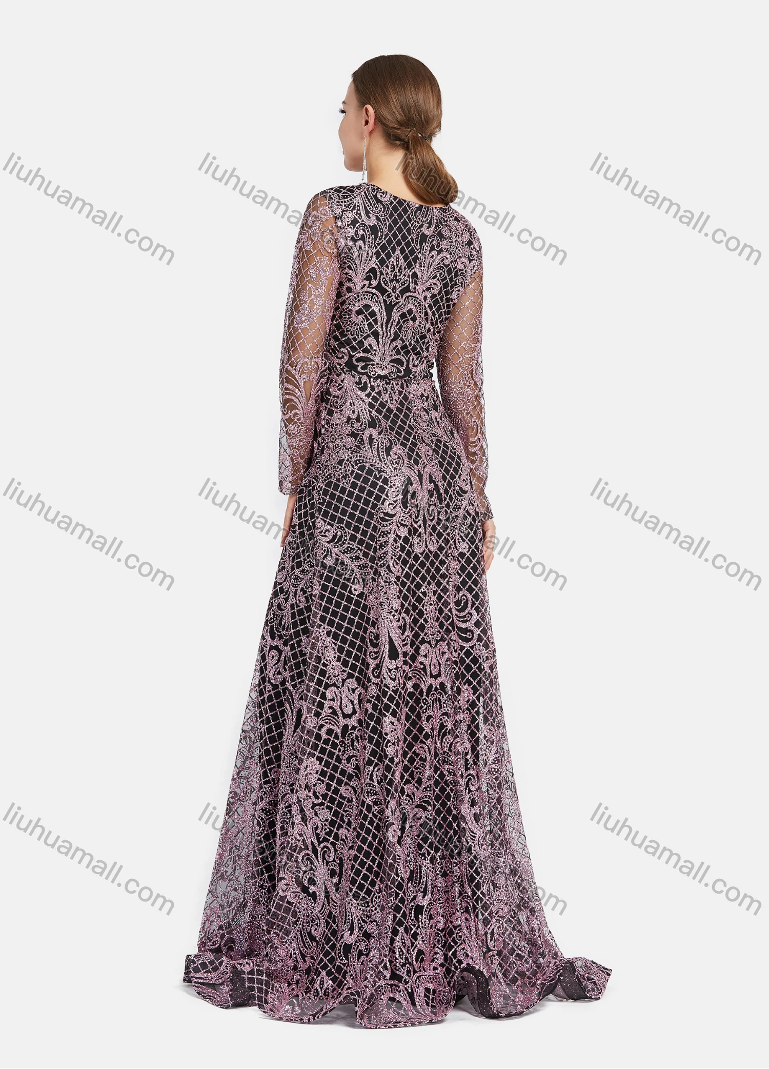 Wholesale Women's Elegant Rhinestone 3D Floral Pearl Decor Mesh Floor Length Dress #2658 - Liuhuamall