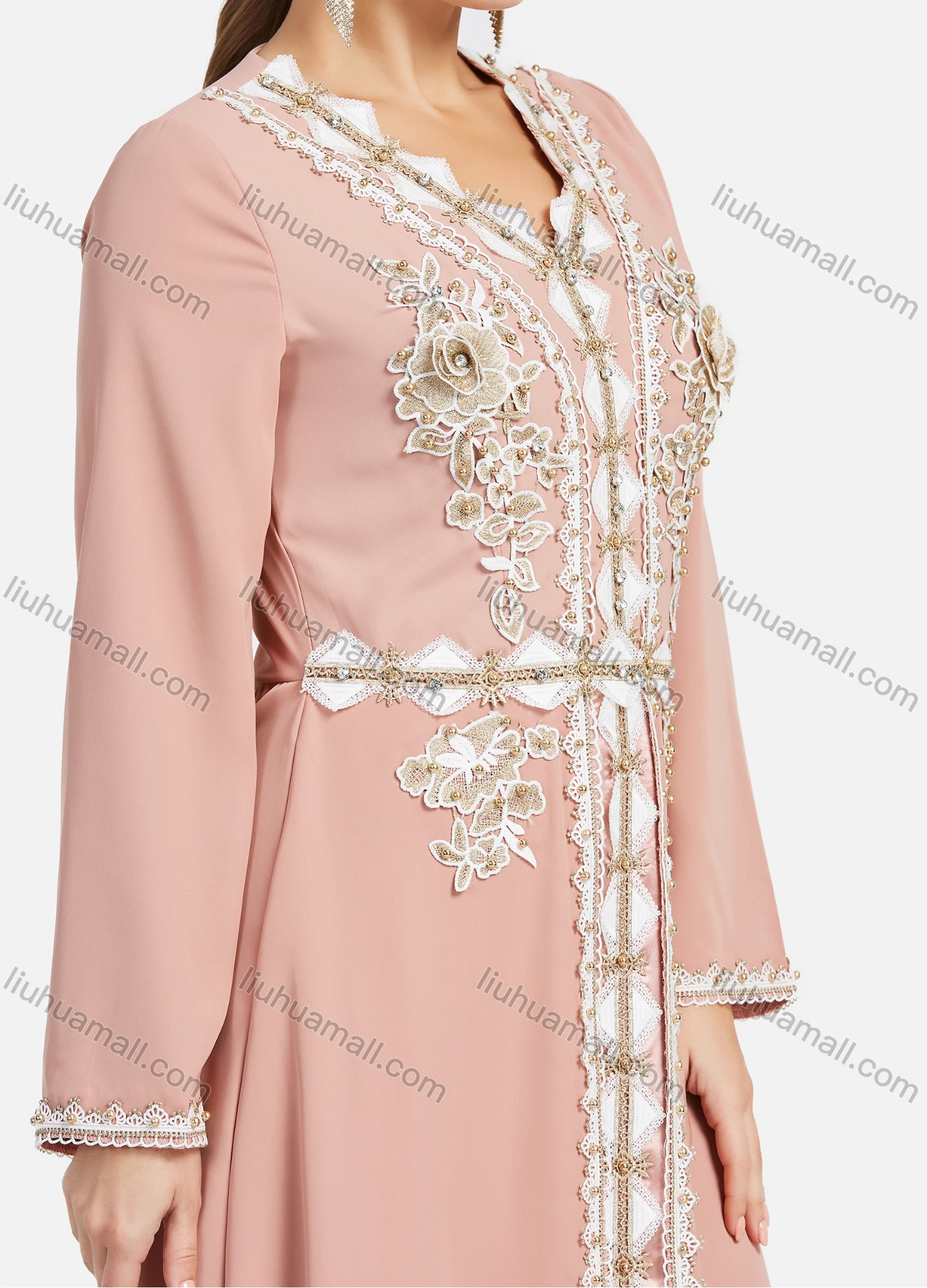 Wholesale Women's Elegant Rhinestone Pearl 3D Floral Embroidery Long Sleeve Maxi Evening Dress - Liuhuamall