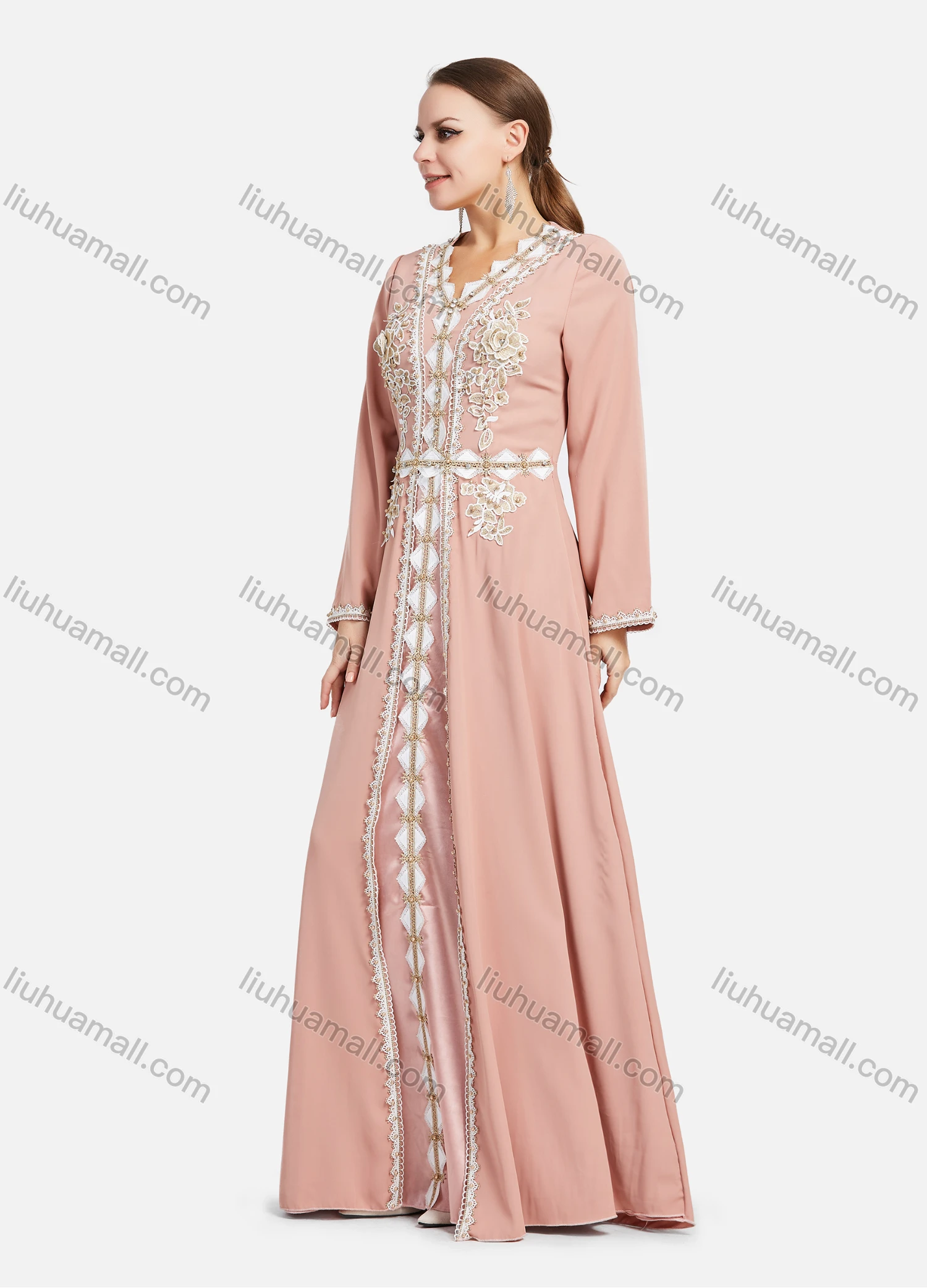 Wholesale Women's Elegant Rhinestone Pearl 3D Floral Embroidery Long Sleeve Maxi Evening Dress - Liuhuamall