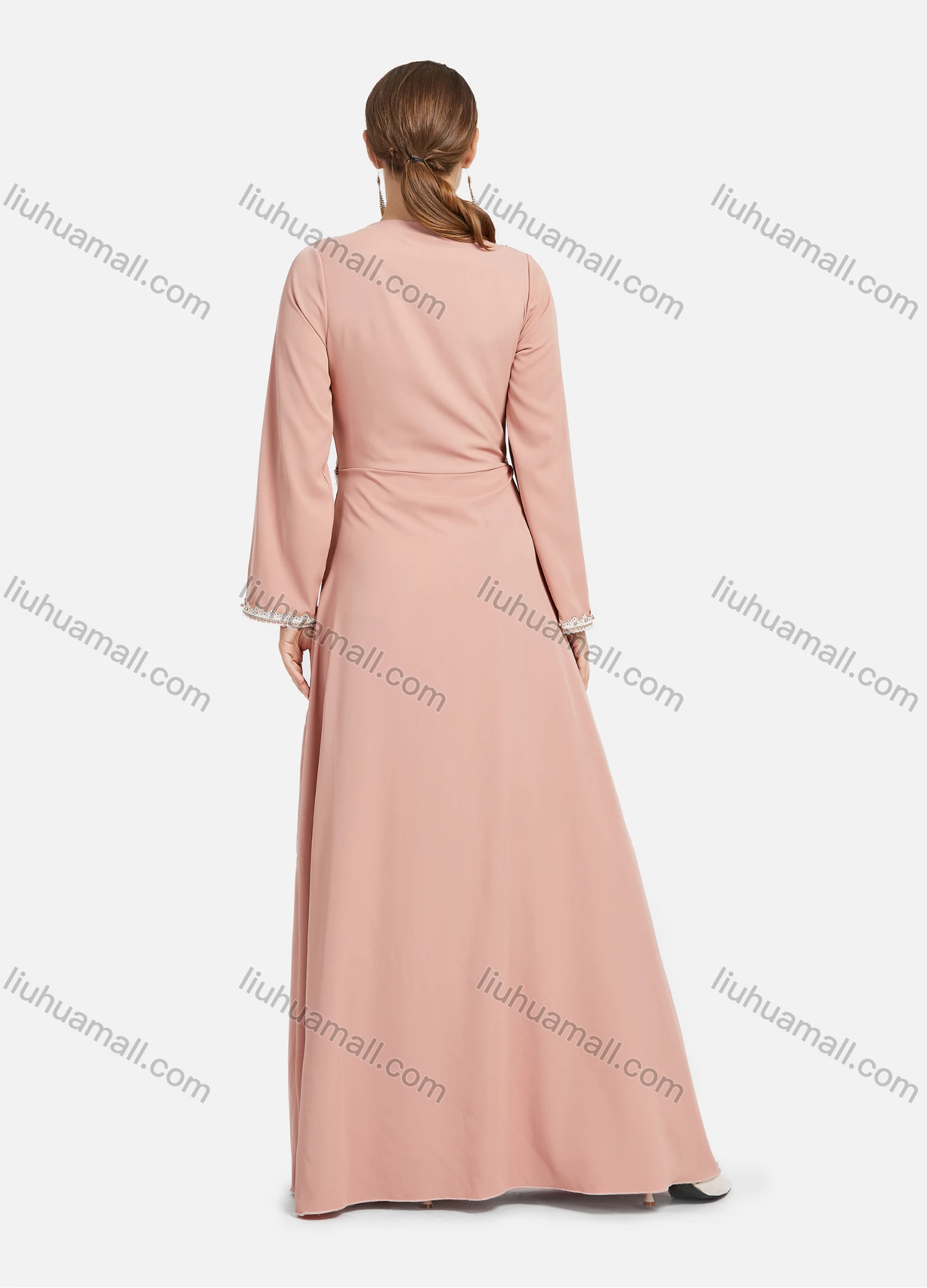 Wholesale Women's Elegant Rhinestone Pearl 3D Floral Embroidery Long Sleeve Maxi Evening Dress - Liuhuamall