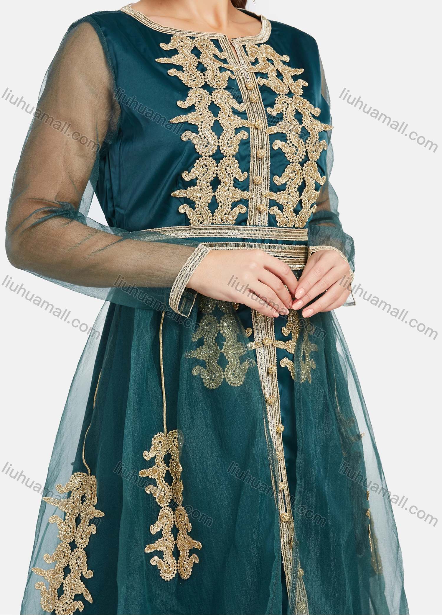 Wholesale Women's High Waist Mesh Sleeve Floral Embroidery Maxi Evening Dress - Liuhuamall