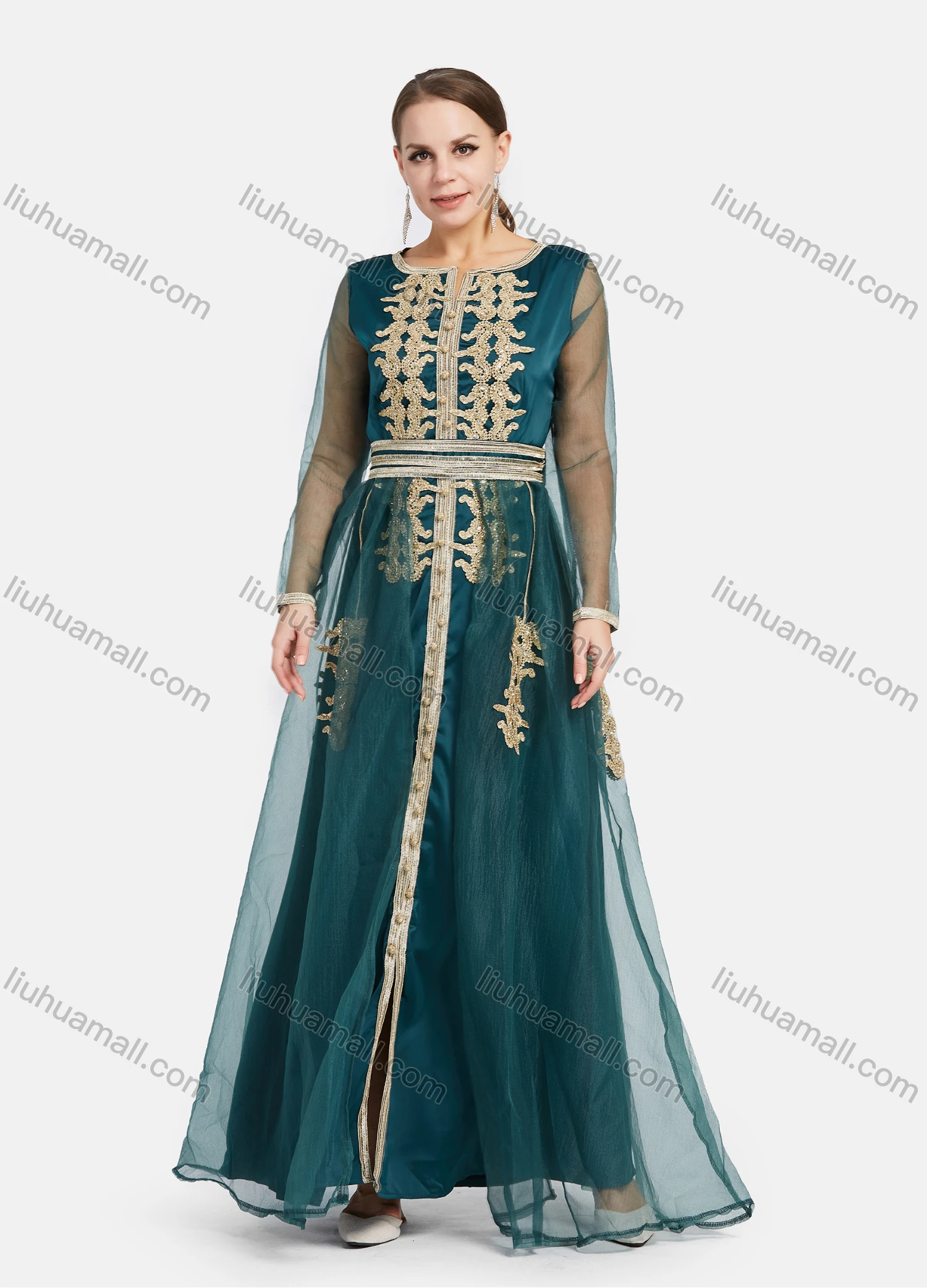 Wholesale Women's High Waist Mesh Sleeve Floral Embroidery Maxi Evening Dress - Liuhuamall