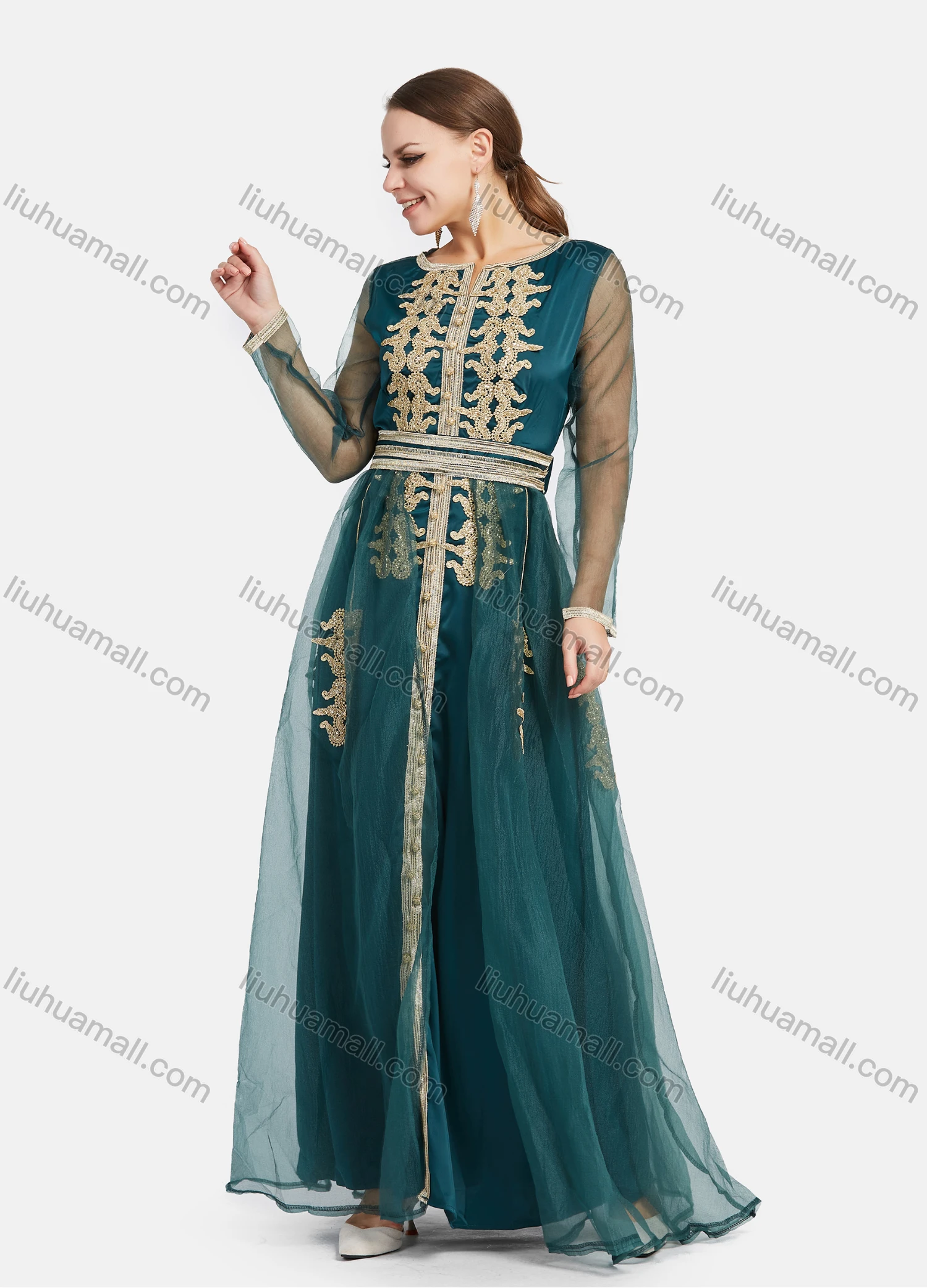 Wholesale Women's High Waist Mesh Sleeve Floral Embroidery Maxi Evening Dress - Liuhuamall