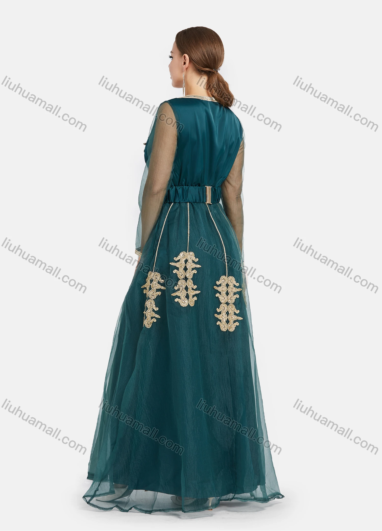 Wholesale Women's High Waist Mesh Sleeve Floral Embroidery Maxi Evening Dress - Liuhuamall