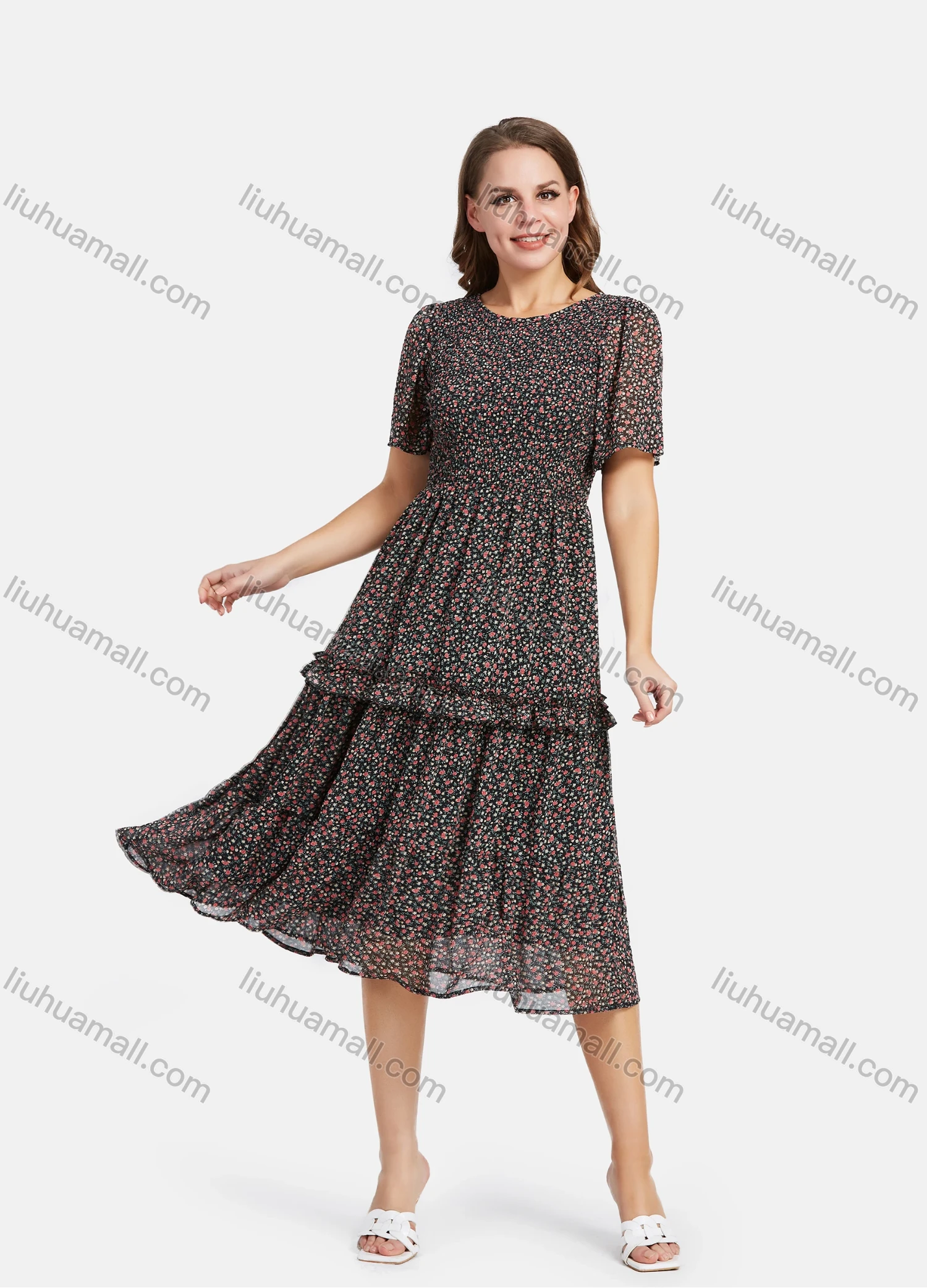 Wholesale Women's Casual Chiffon Short Sleeve Floral Print Ruched Ruffle Hem Midi Dress - Liuhuamall
