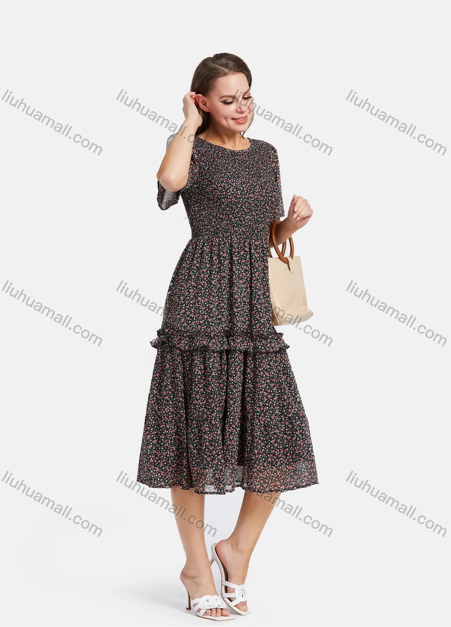 Wholesale Women's Casual Chiffon Short Sleeve Floral Print Ruched Ruffle Hem Midi Dress - Liuhuamall
