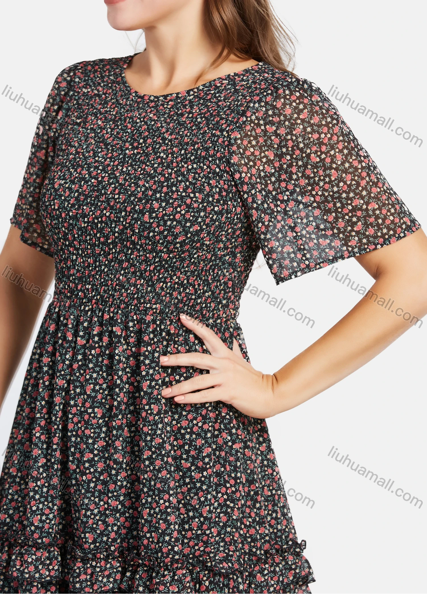 Wholesale Women's Casual Chiffon Short Sleeve Floral Print Ruched Ruffle Hem Midi Dress - Liuhuamall