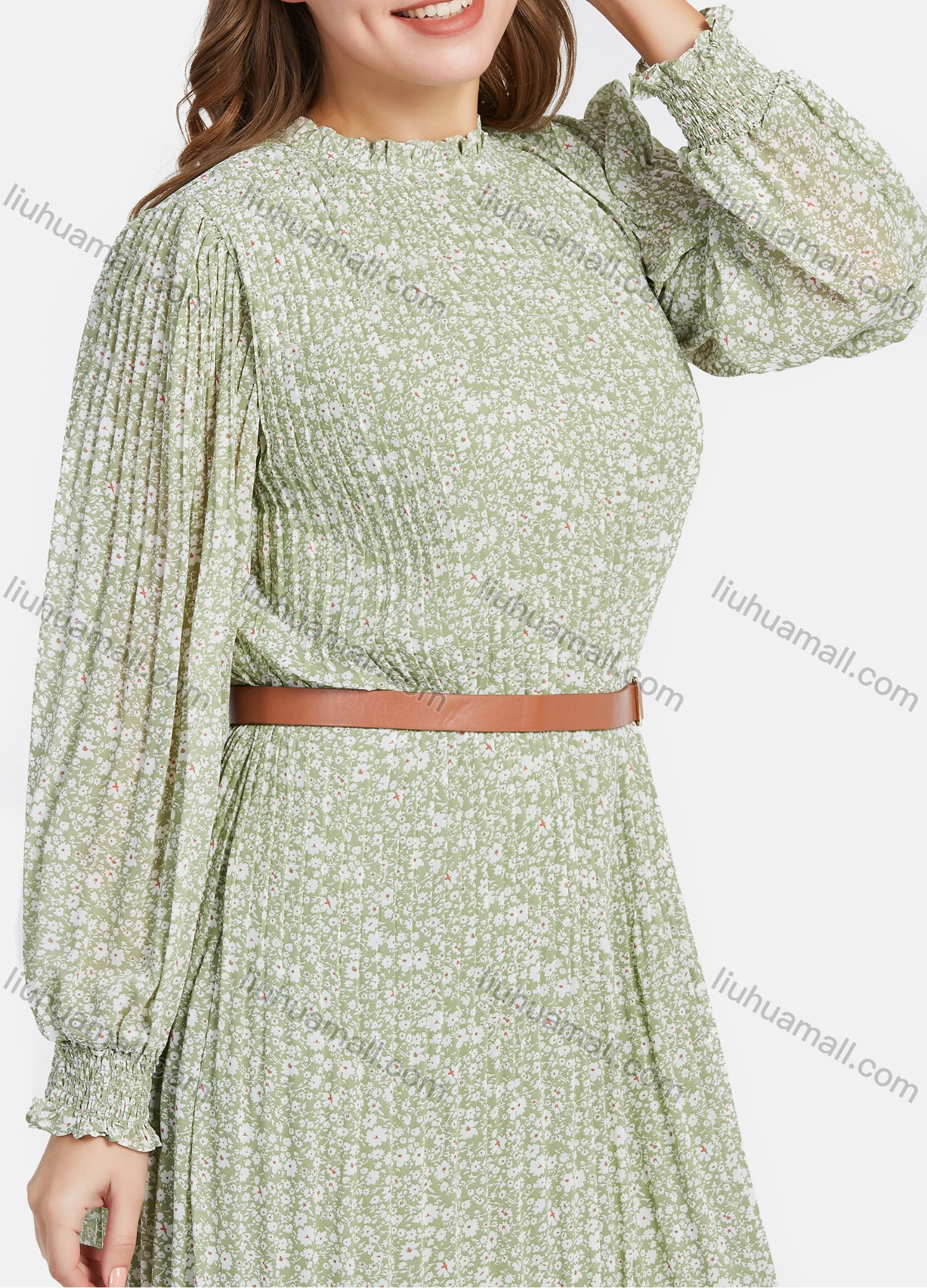 Wholesale Women's Mock Neck Long Sleeve Floral Print Ruffle Trim Chiffon Midi Dress With Belt - Liuhuamall