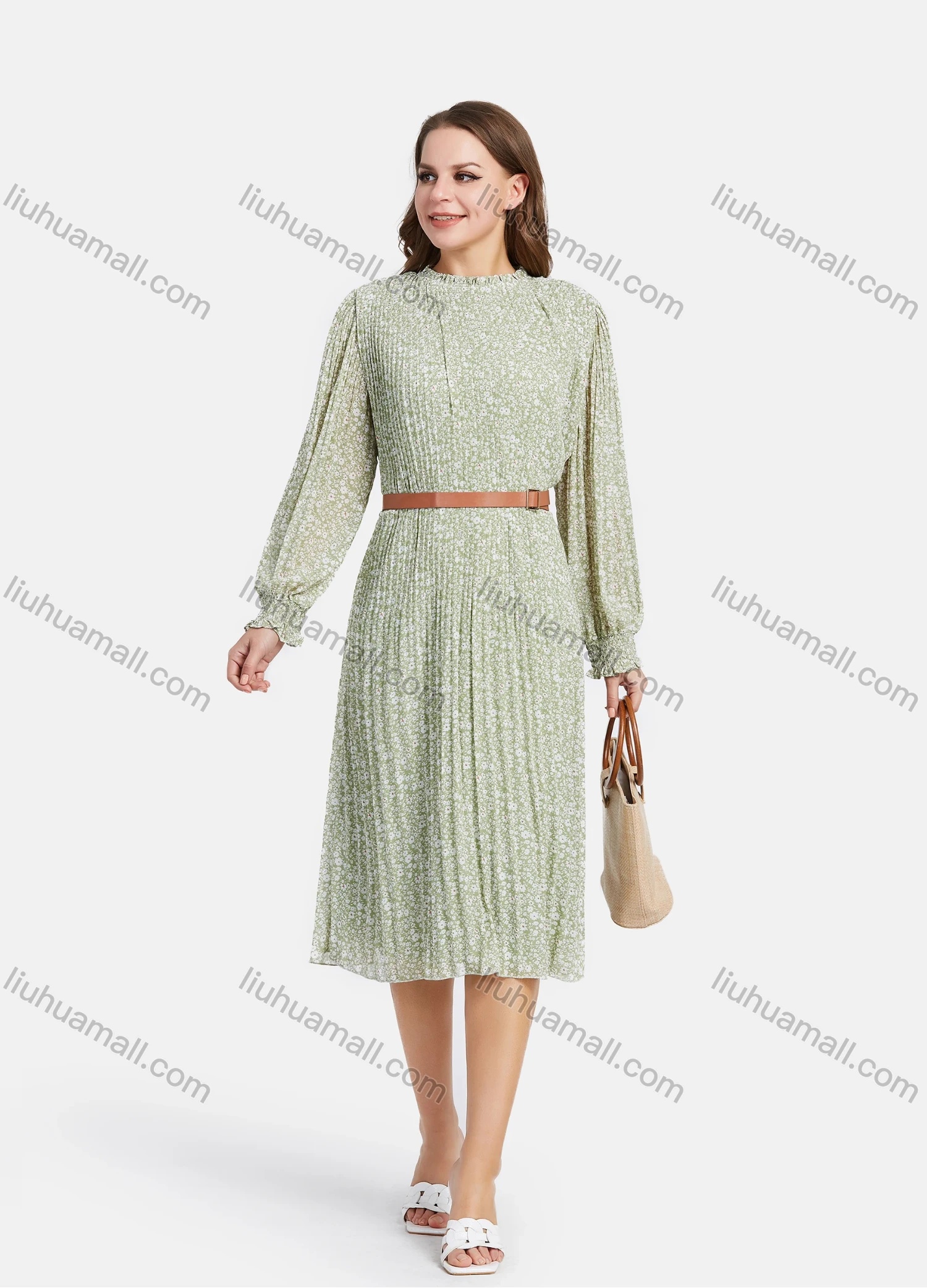 Wholesale Women's Mock Neck Long Sleeve Floral Print Ruffle Trim Chiffon Midi Dress With Belt - Liuhuamall