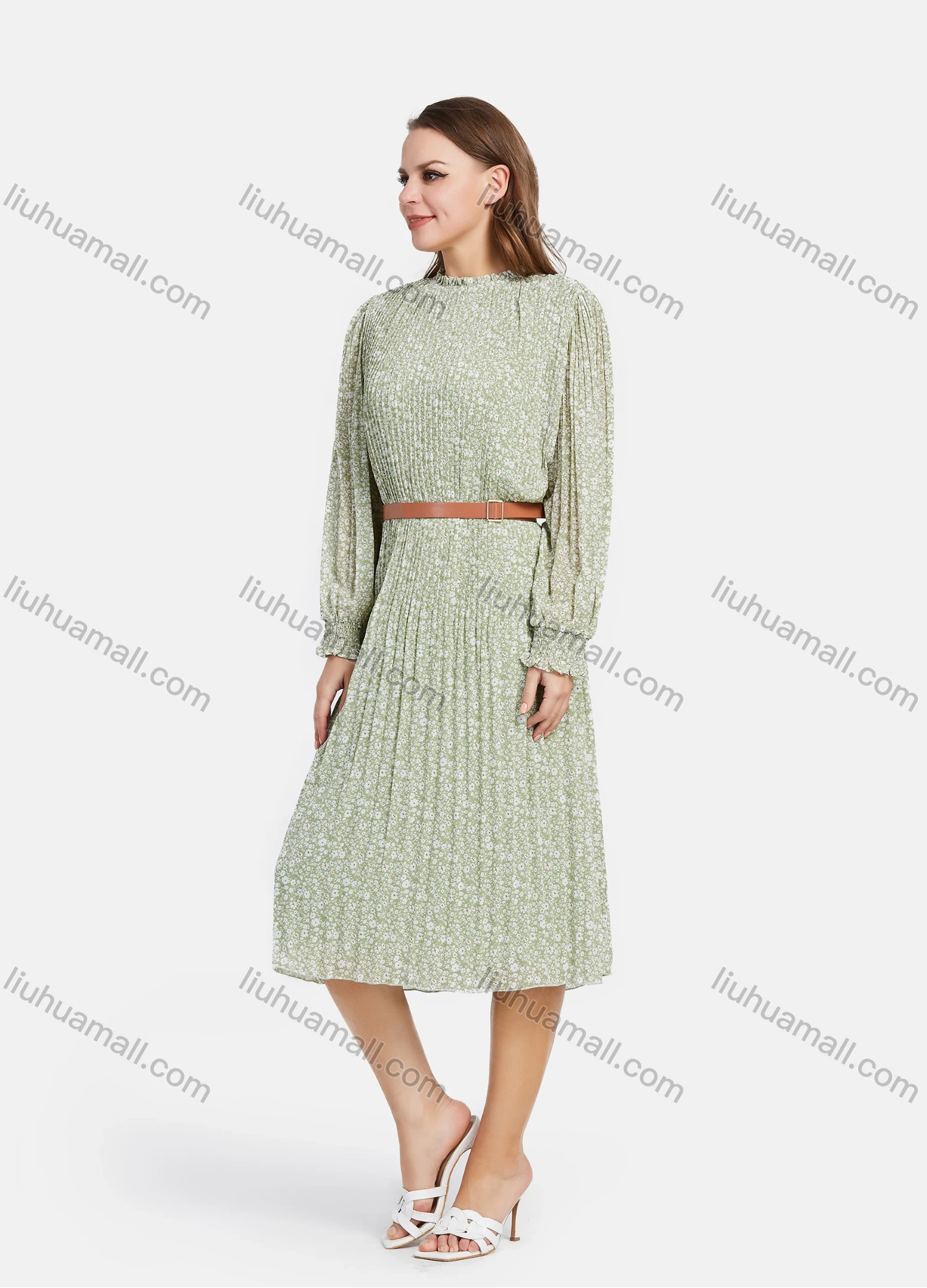 Wholesale Women's Mock Neck Long Sleeve Floral Print Ruffle Trim Chiffon Midi Dress With Belt - Liuhuamall