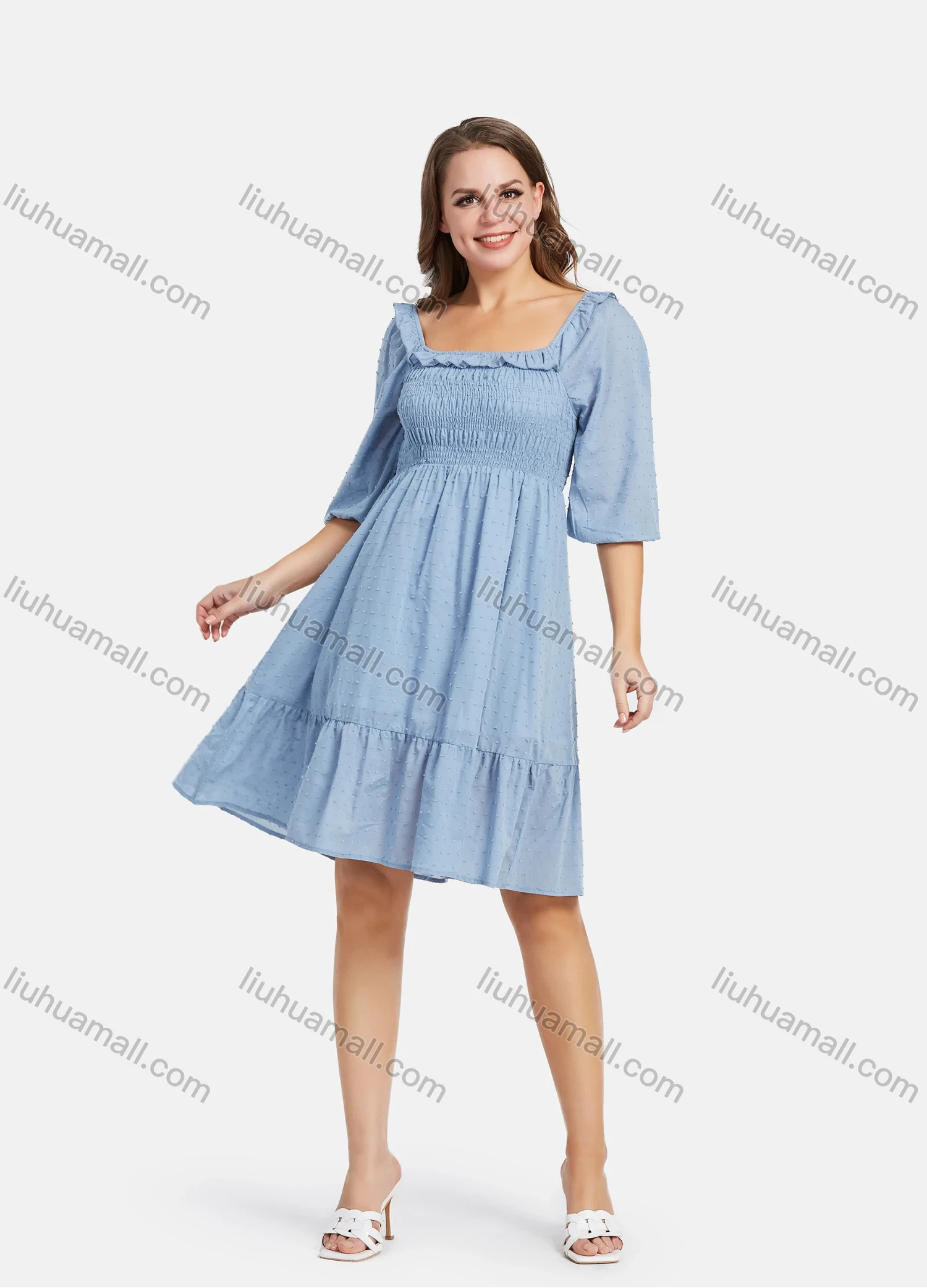 Wholesale Women's Square Neck Puff Sleeve Plain Shirred Ruffle Trim Casual Dress - Liuhuamall