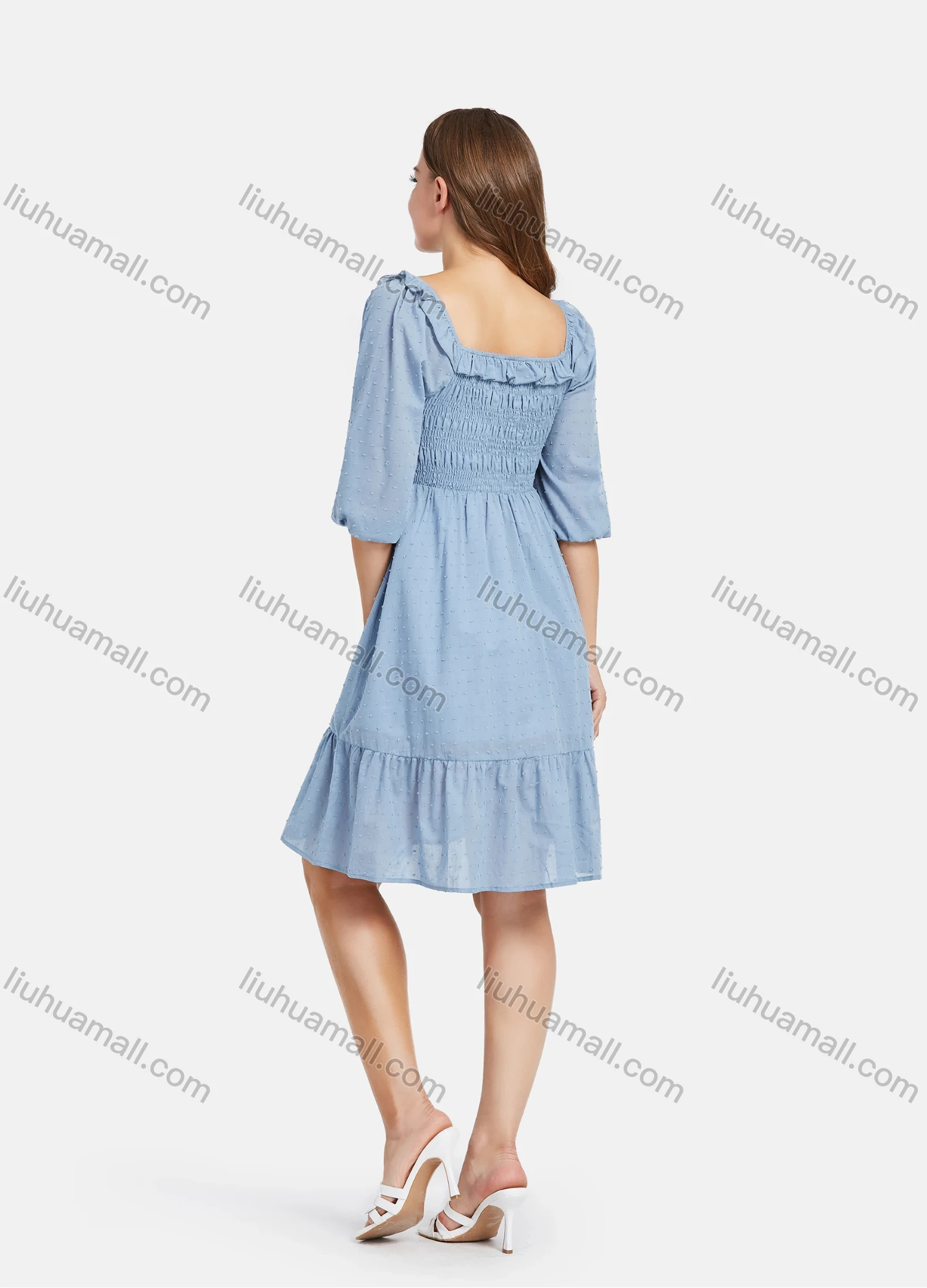 Wholesale Women's Square Neck Puff Sleeve Plain Shirred Ruffle Trim Casual Dress - Liuhuamall