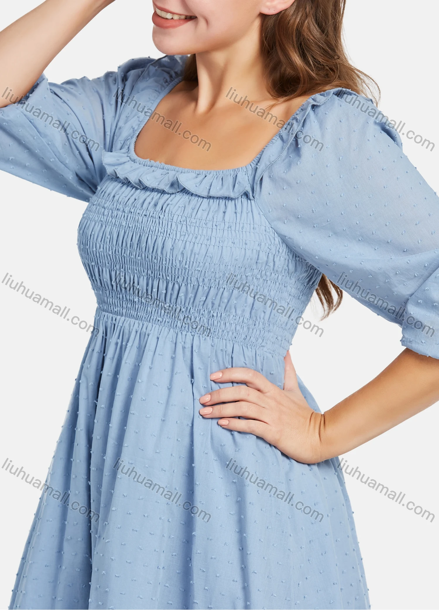 Wholesale Women's Square Neck Puff Sleeve Plain Shirred Ruffle Trim Casual Dress - Liuhuamall