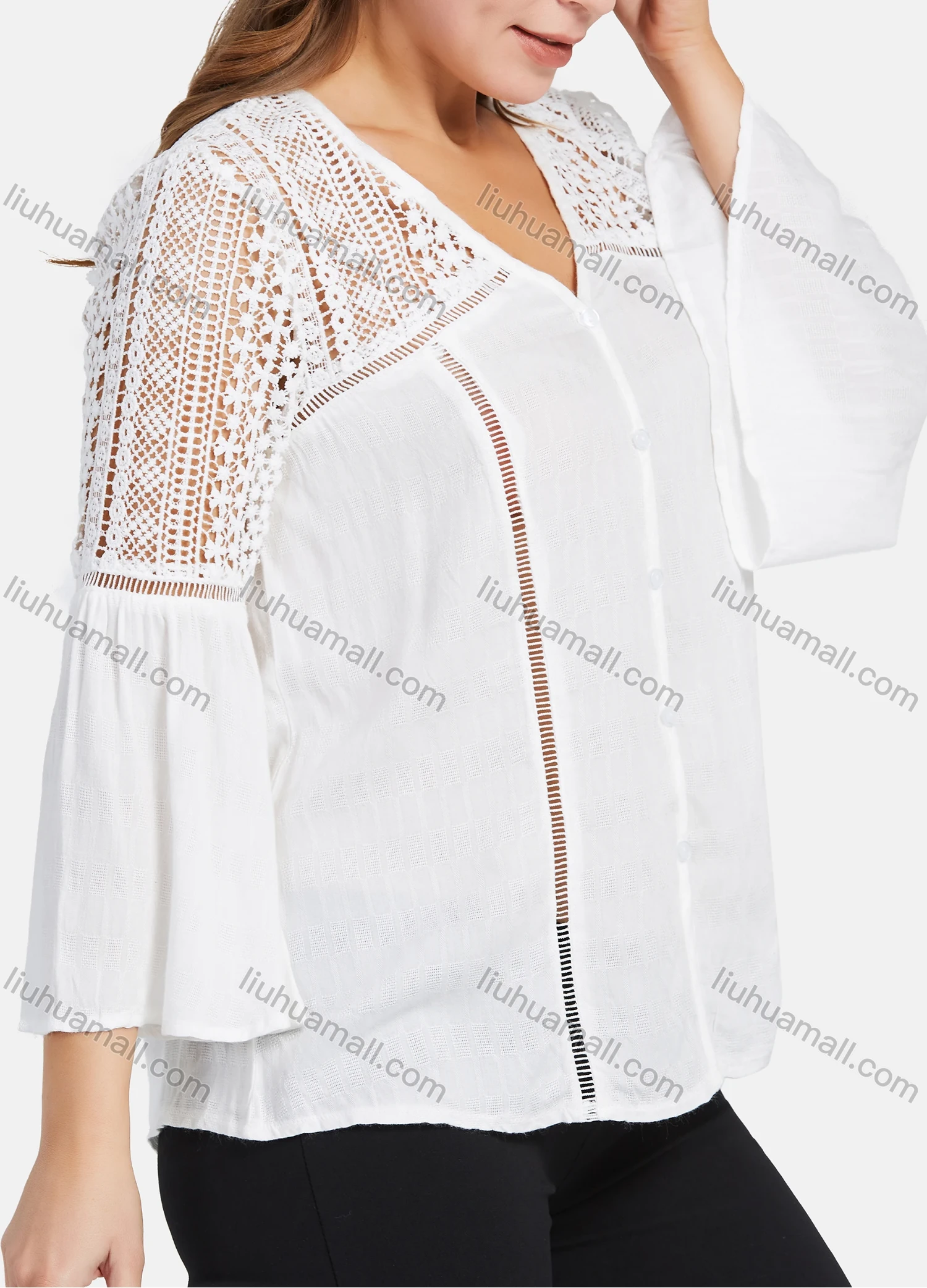 Wholesale Women's Casual V Neck Bell Sleeve Guipure Lace Hollow Out Blouse - Liuhuamall