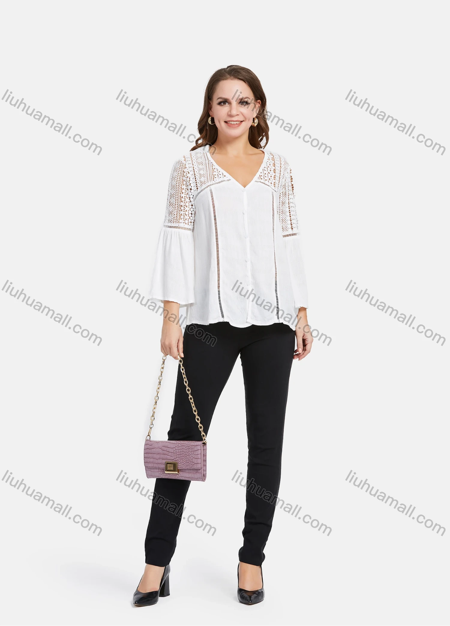 Wholesale Women's Casual V Neck Bell Sleeve Guipure Lace Hollow Out Blouse - Liuhuamall