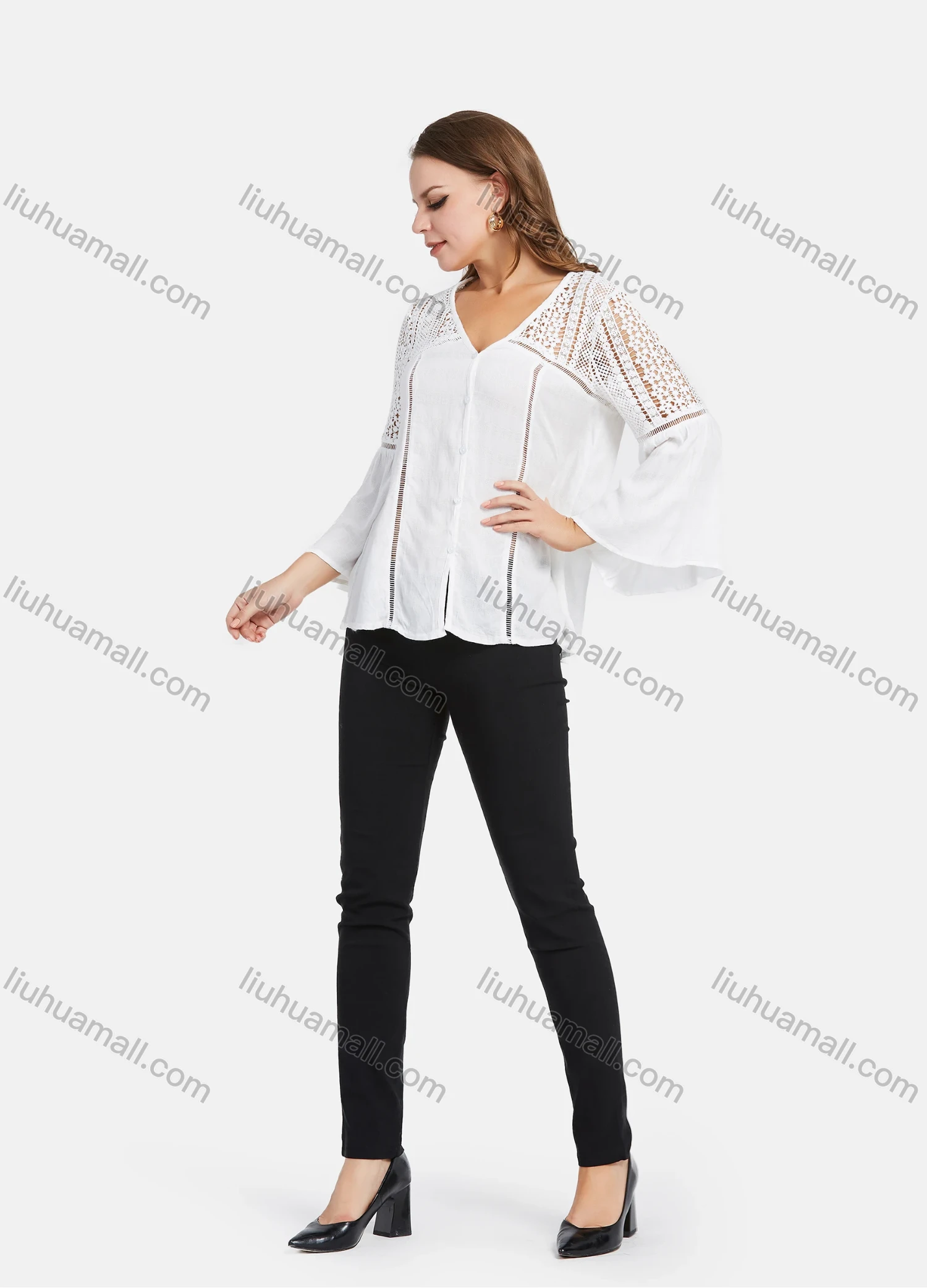 Wholesale Women's Casual V Neck Bell Sleeve Guipure Lace Hollow Out Blouse - Liuhuamall