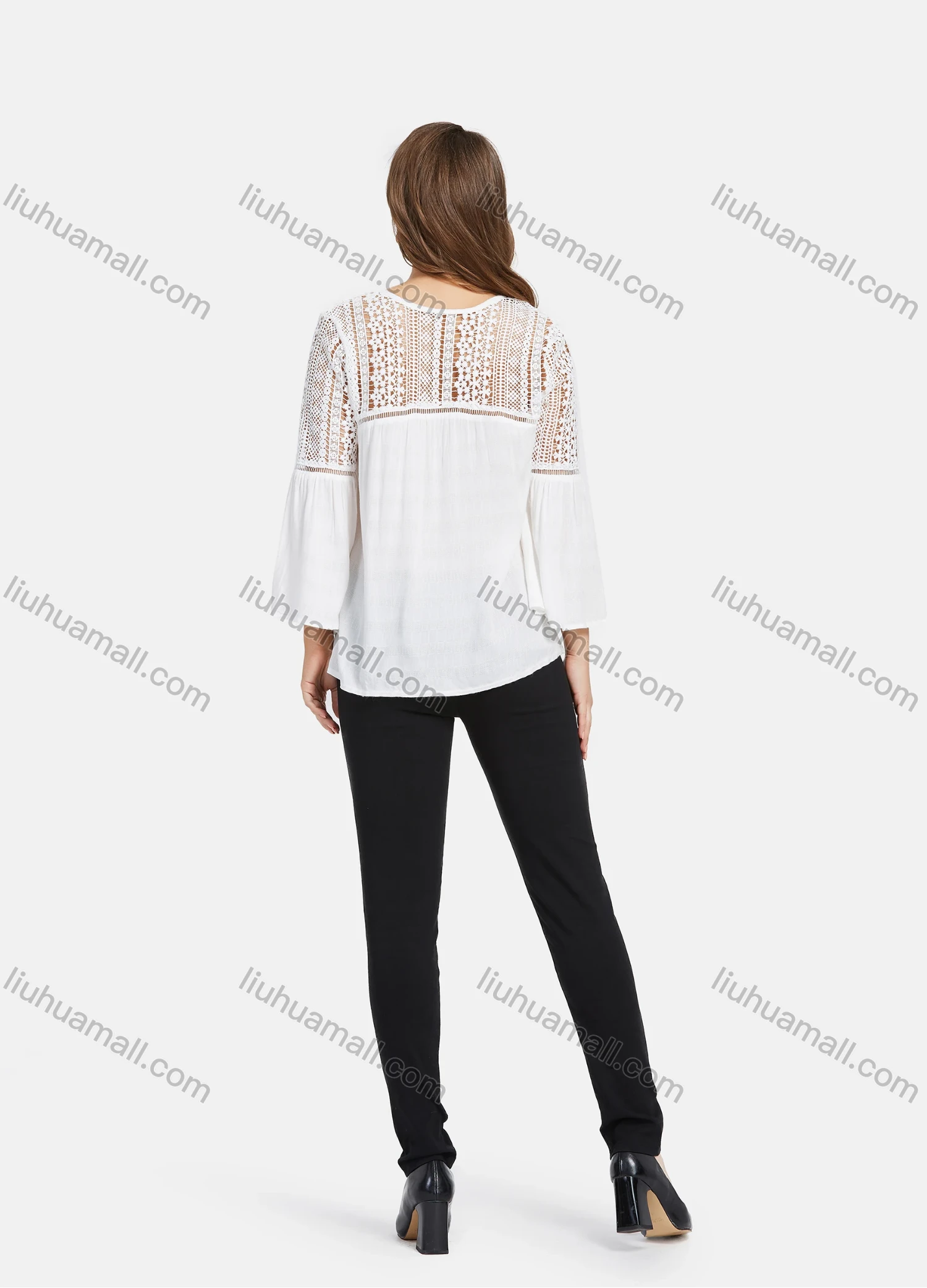 Wholesale Women's Casual V Neck Bell Sleeve Guipure Lace Hollow Out Blouse - Liuhuamall