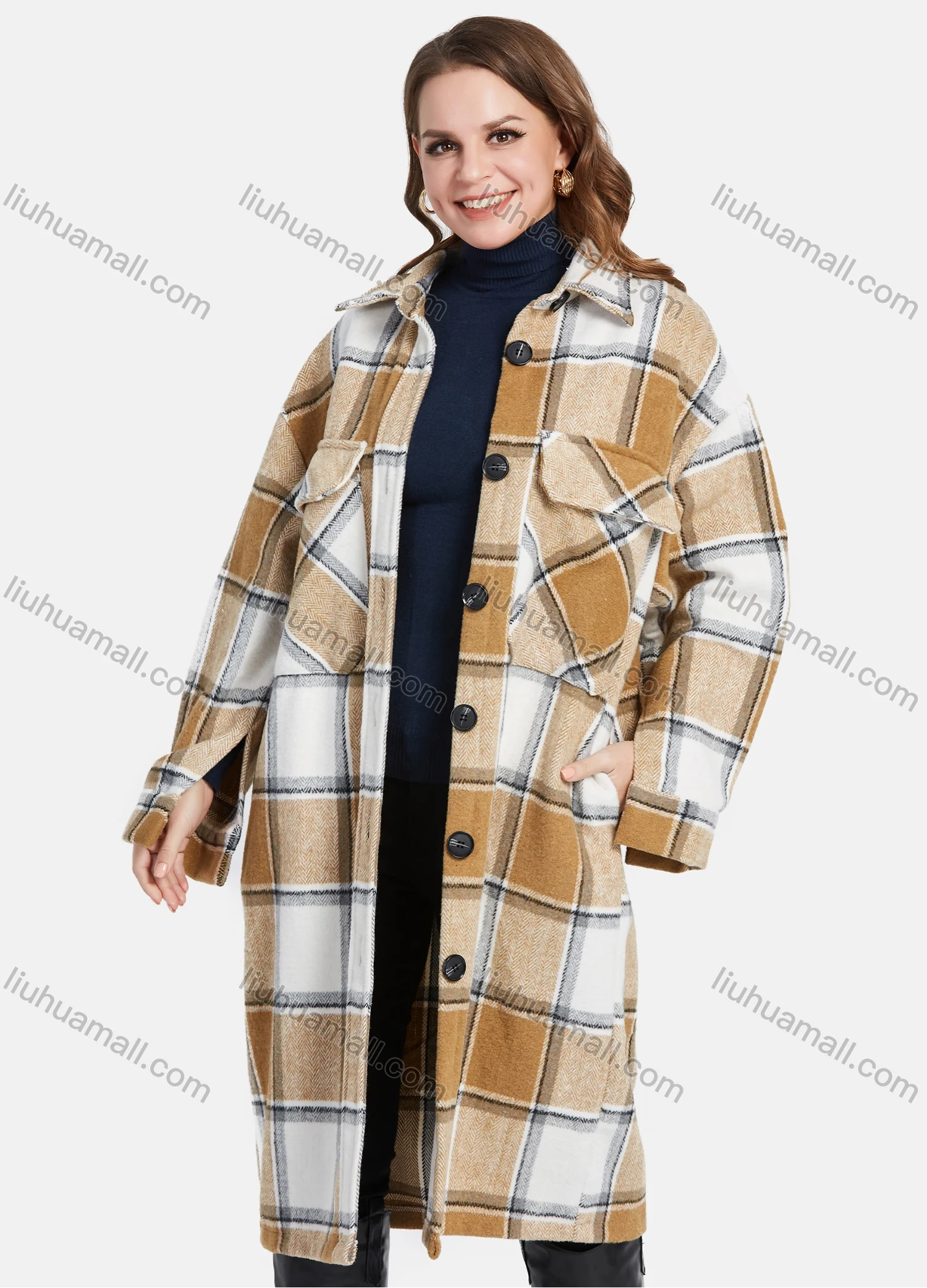 Wholesale Women's Casual Button Down Flap Pocket Plaid Print Long Over Coat - Liuhuamall