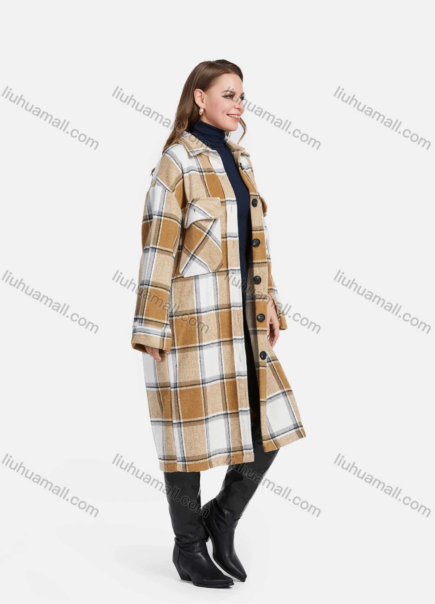 Wholesale Women's Casual Button Down Flap Pocket Plaid Print Long Over Coat - Liuhuamall