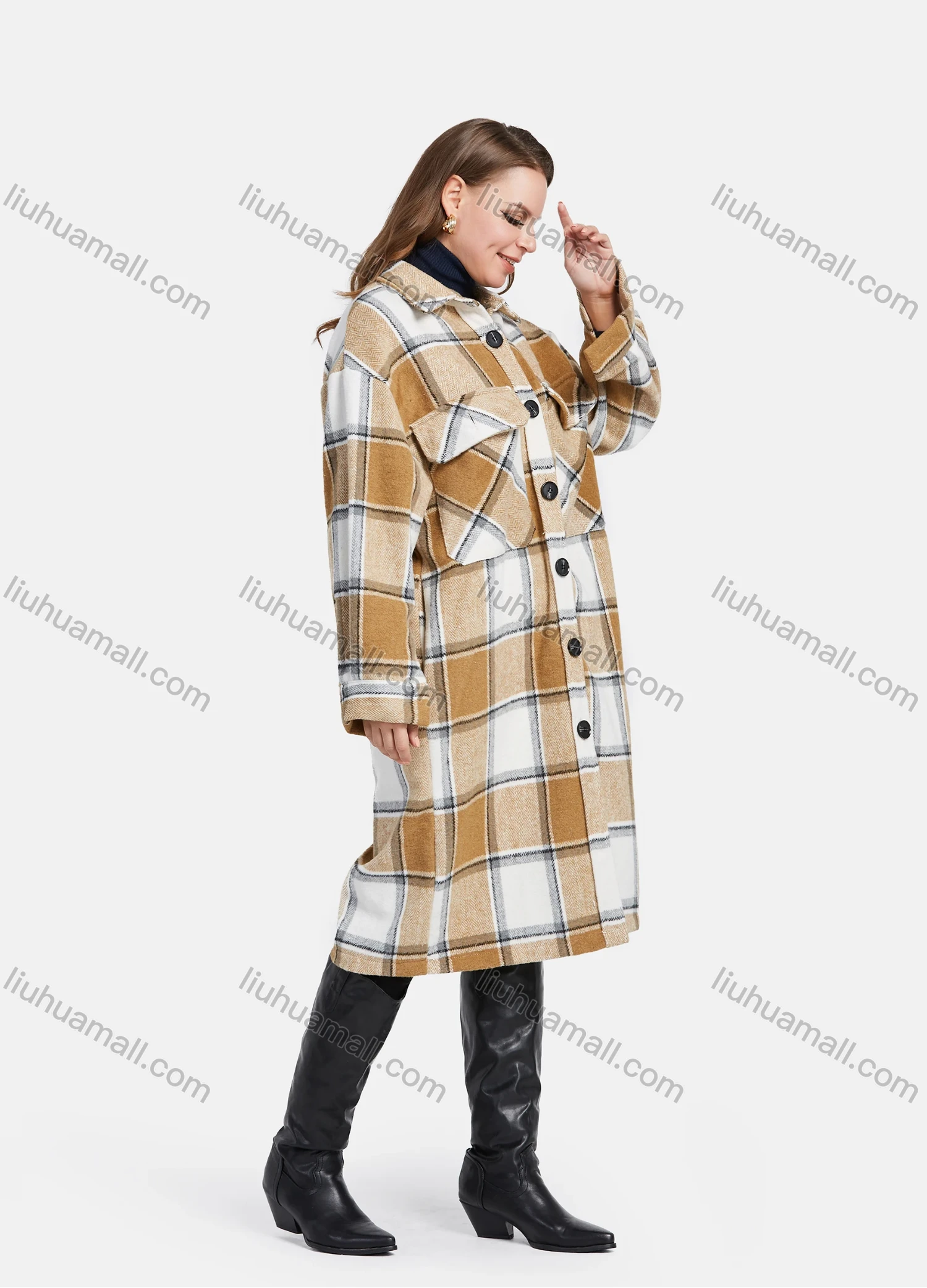 Wholesale Women's Casual Button Down Flap Pocket Plaid Print Long Over Coat - Liuhuamall