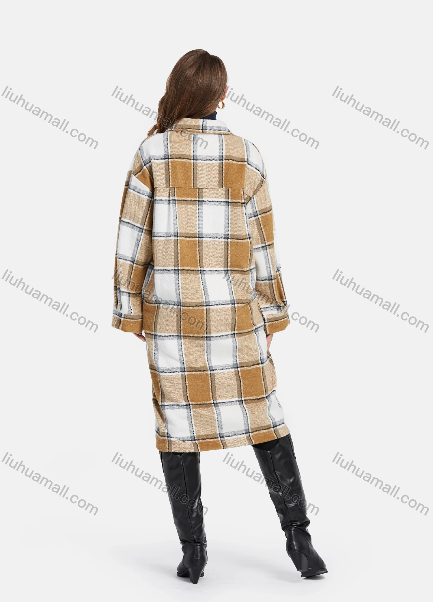 Wholesale Women's Casual Button Down Flap Pocket Plaid Print Long Over Coat - Liuhuamall