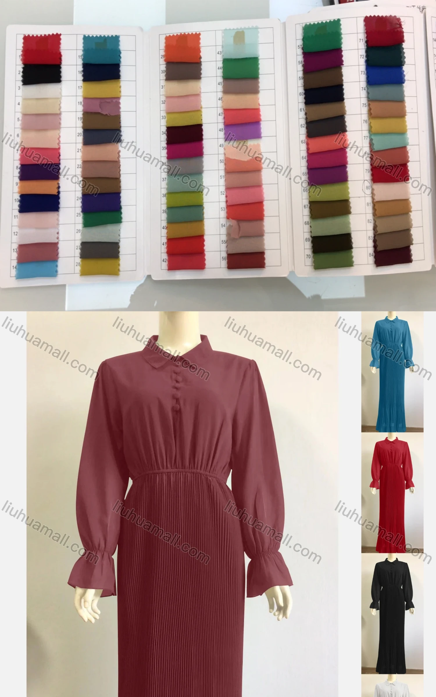 Wholesale Women's Plain Chiffon Elegant Collared Poet SleeveBell Sleeve Empire Waist Maxi Dress - Liuhuamall