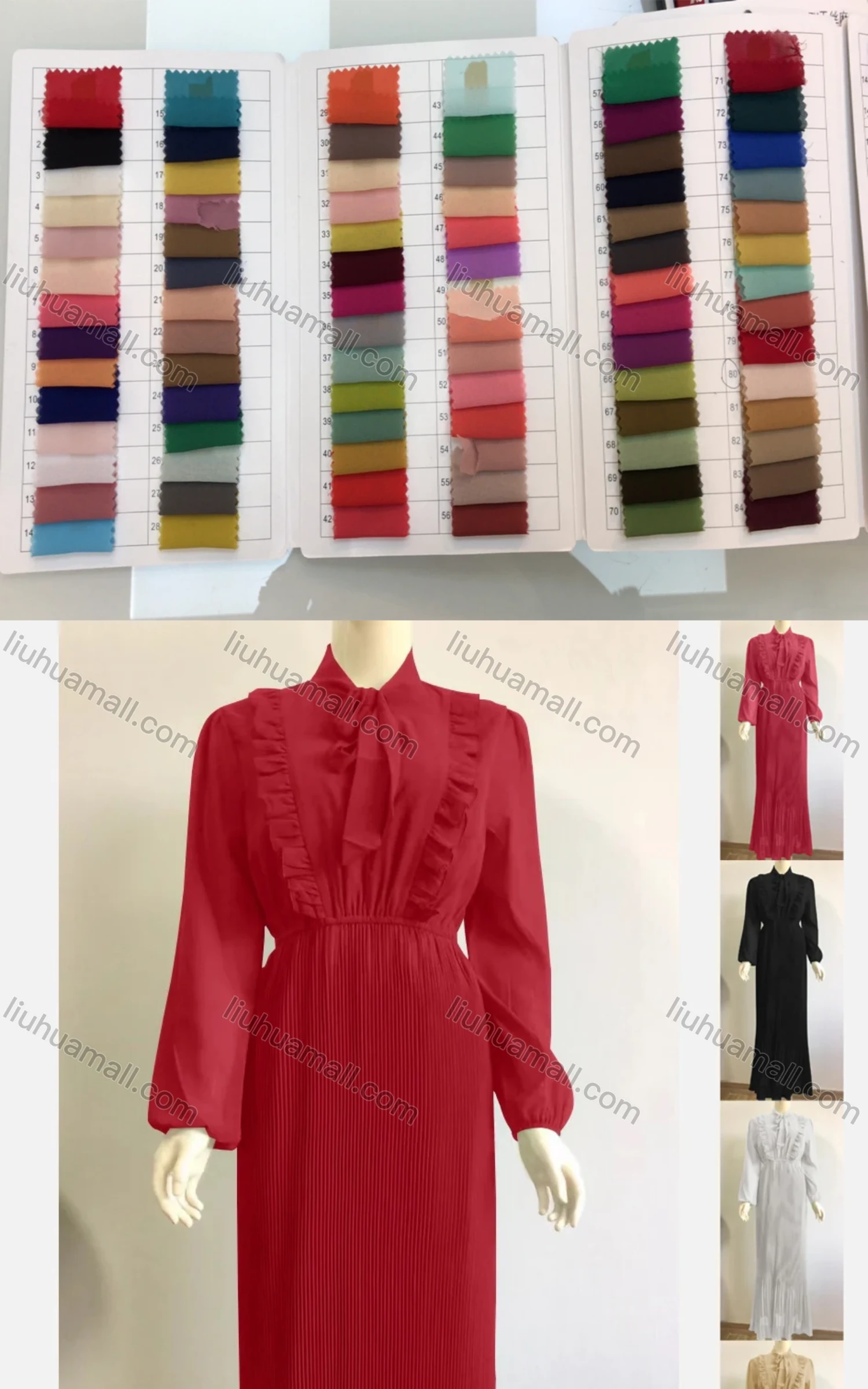 Wholesale Women's Chiffon Elegant Tie Neck Long Sleeve Ruffle Trim Empire Waist Maxi Dress - Liuhuamall