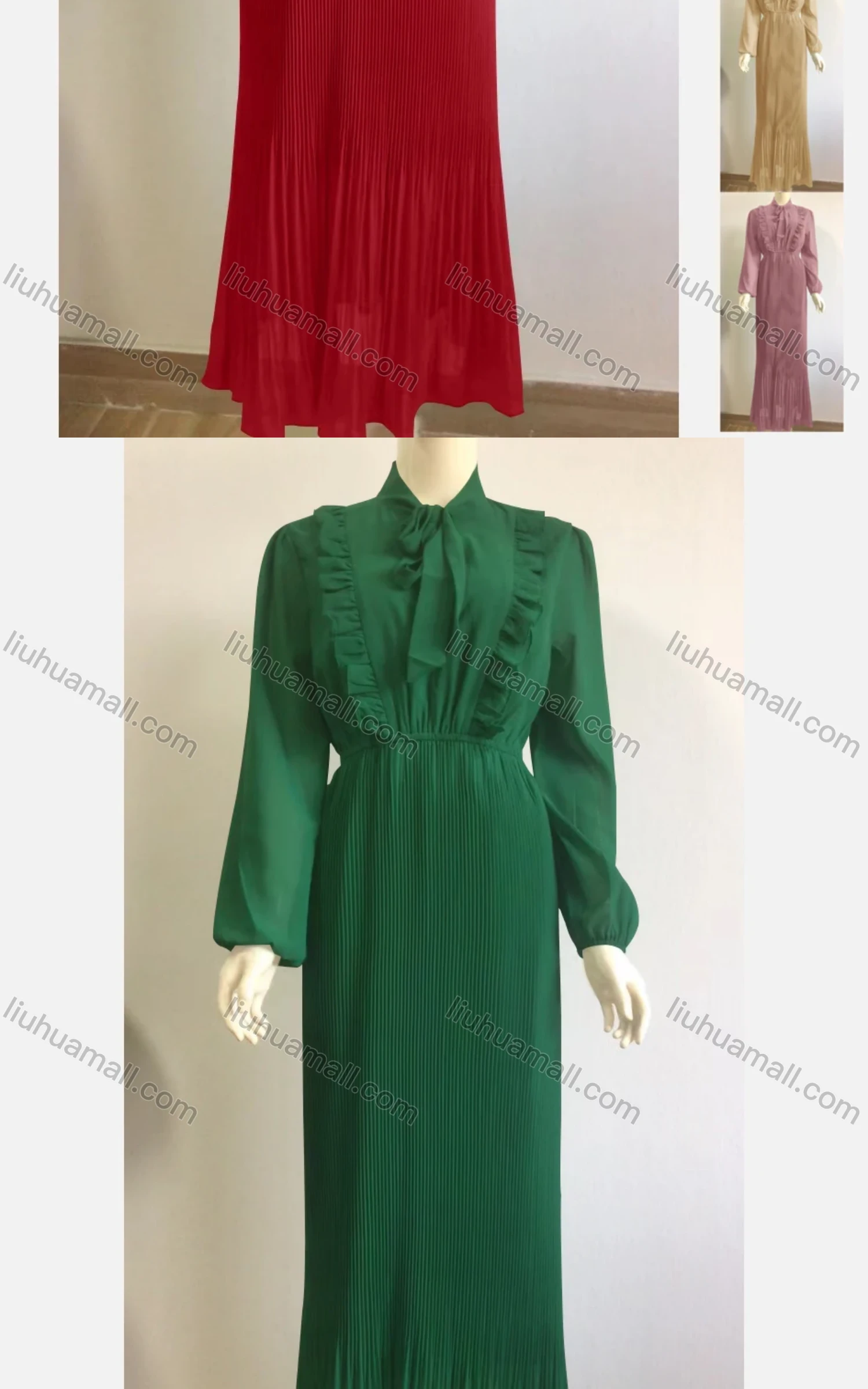 Wholesale Women's Chiffon Elegant Tie Neck Long Sleeve Ruffle Trim Empire Waist Maxi Dress - Liuhuamall