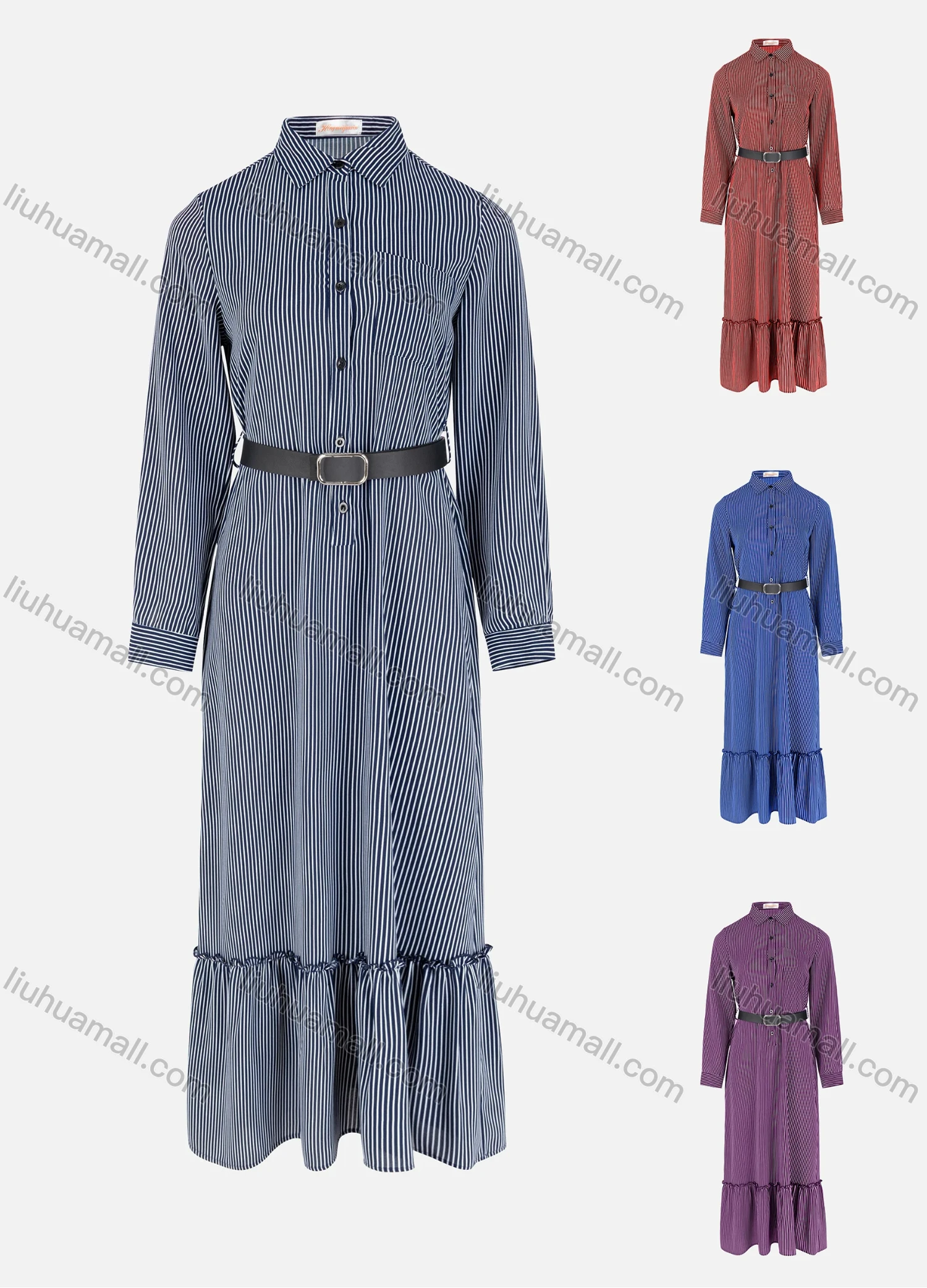 Wholesale Women's Button Front Long Sleeve Ruffle Hem Stripe Dress With Belt - Liuhuamall