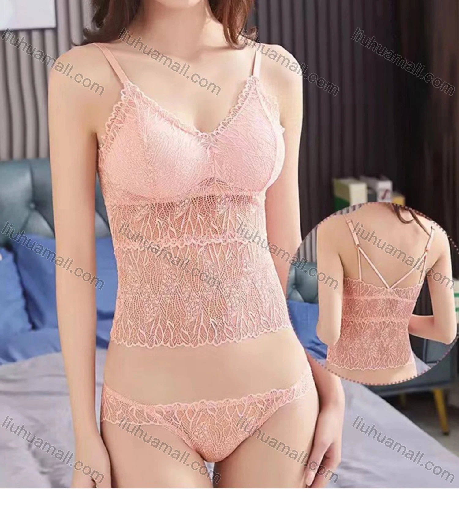 Wholesale Women's Pull-on Sheer Lace Camisole & Briefs 2-piece Sets - Liuhuamall