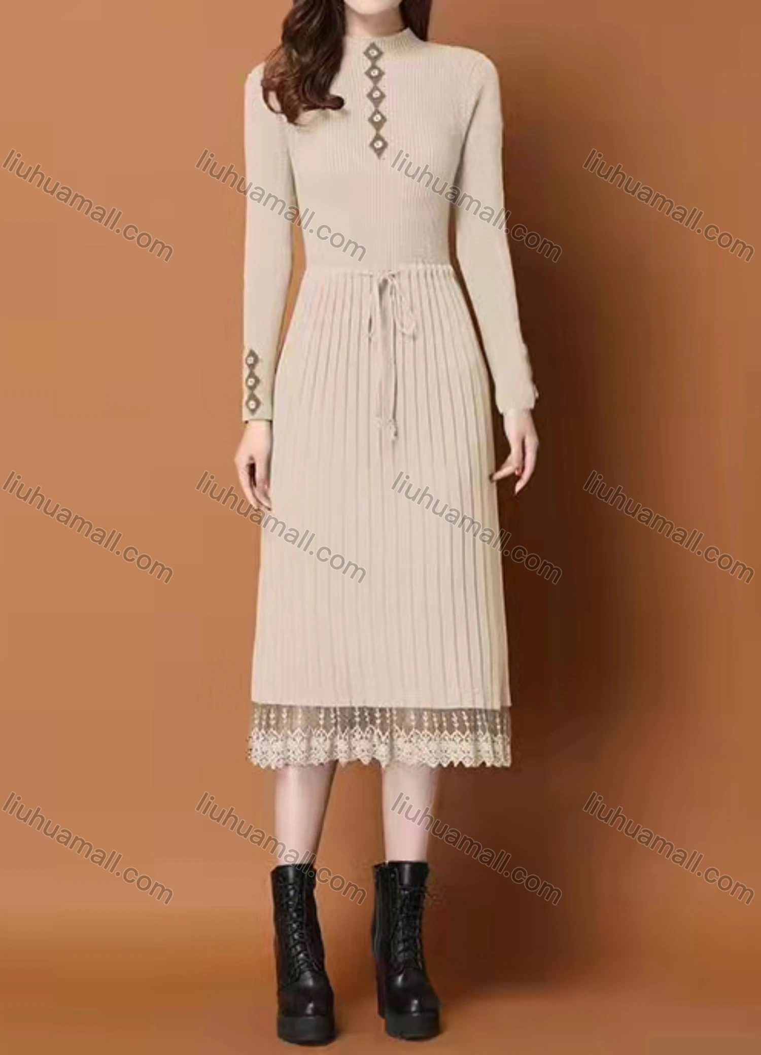 Wholesale Women's Casual Mock Neck A-Line Drawstring Lace Hem Rib Knit Midi Dress - Liuhuamall