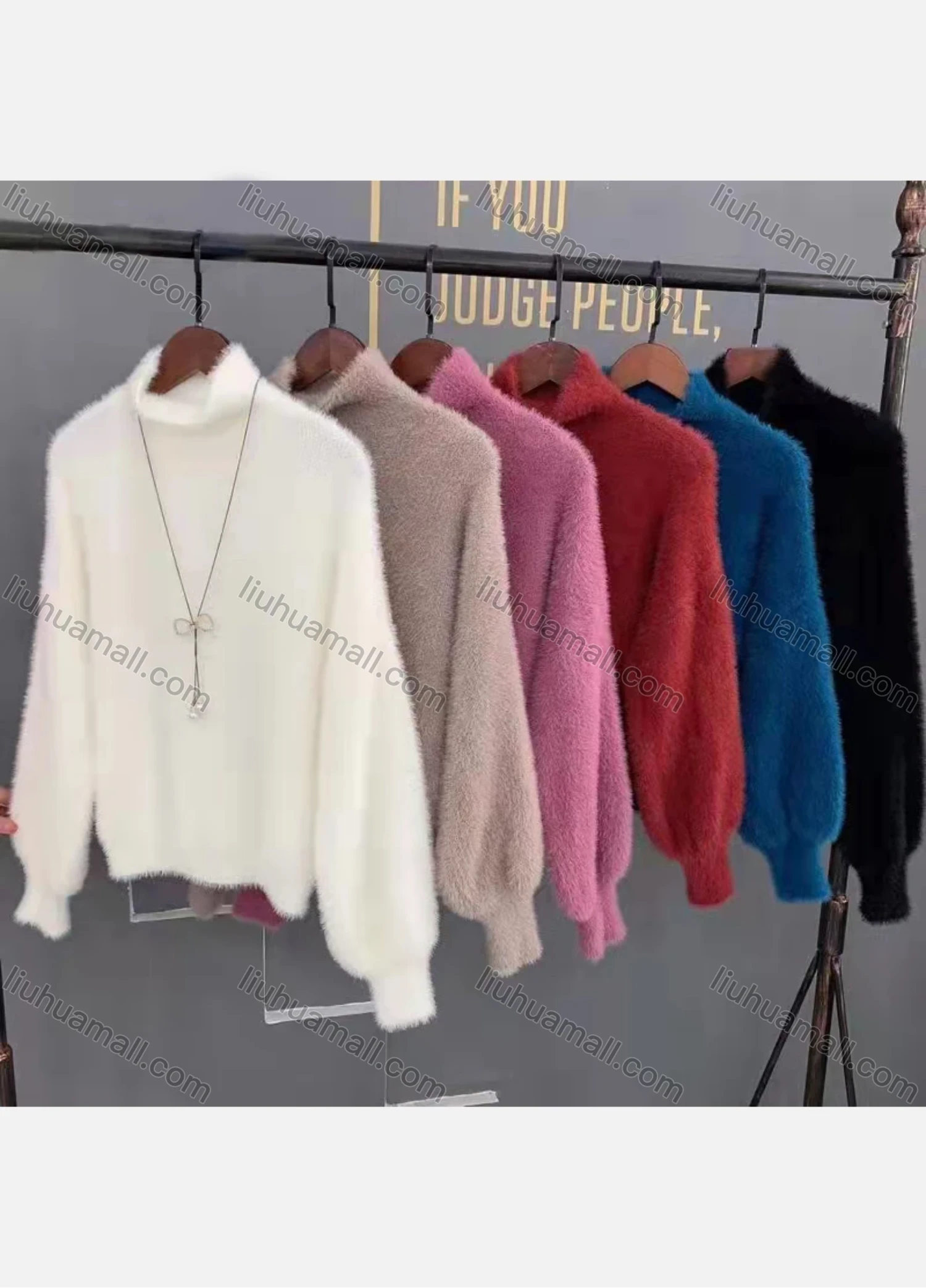 Wholesale Women's Casual Loose Fit Fuzzy Knit High Neck Plain Pullover Sweater #803 - Liuhuamall
