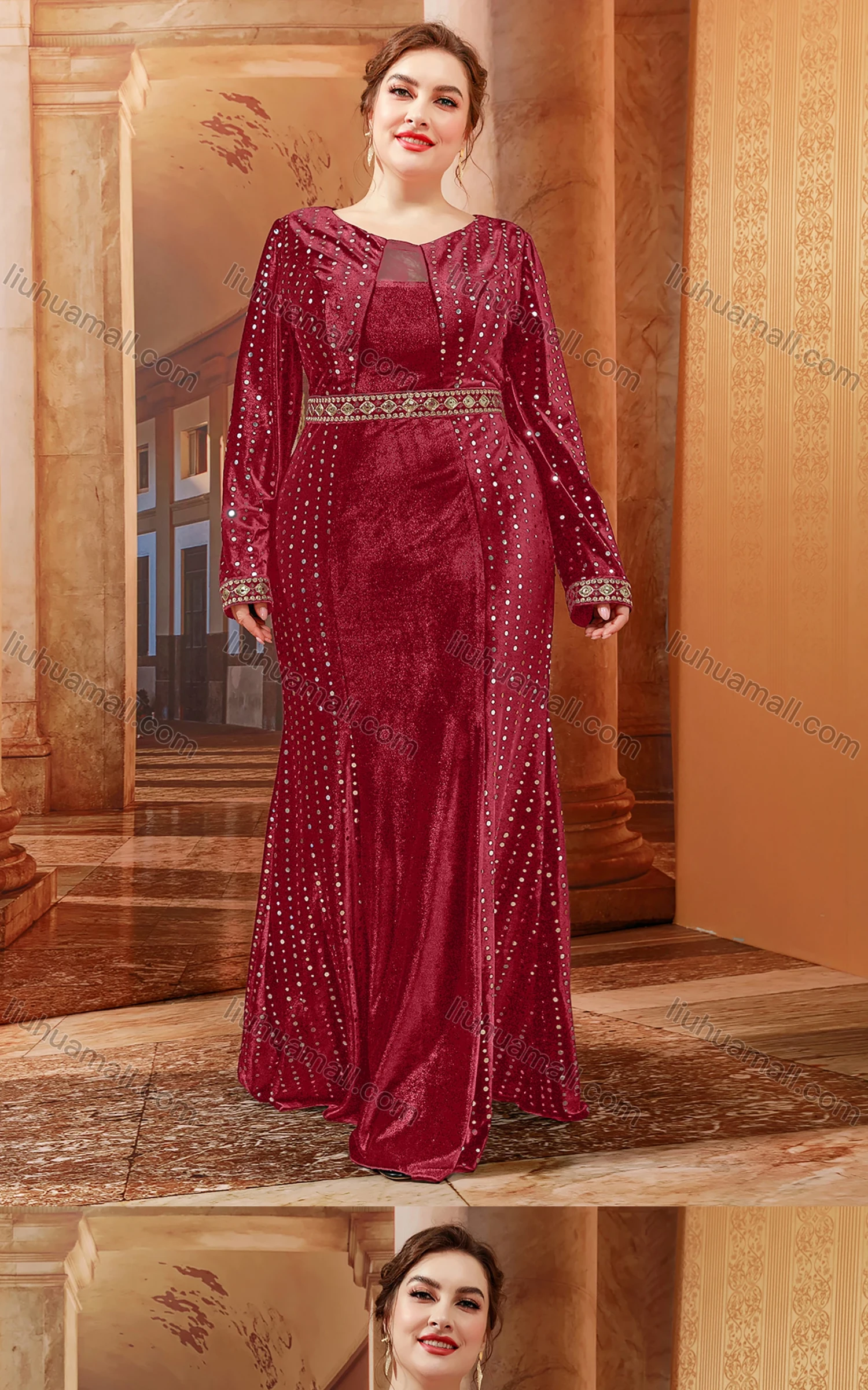 Wholesale Women's Elegant Gold Thread Embroidery Trim Sequins Mermaid Hem Evening Dress - Liuhuamall