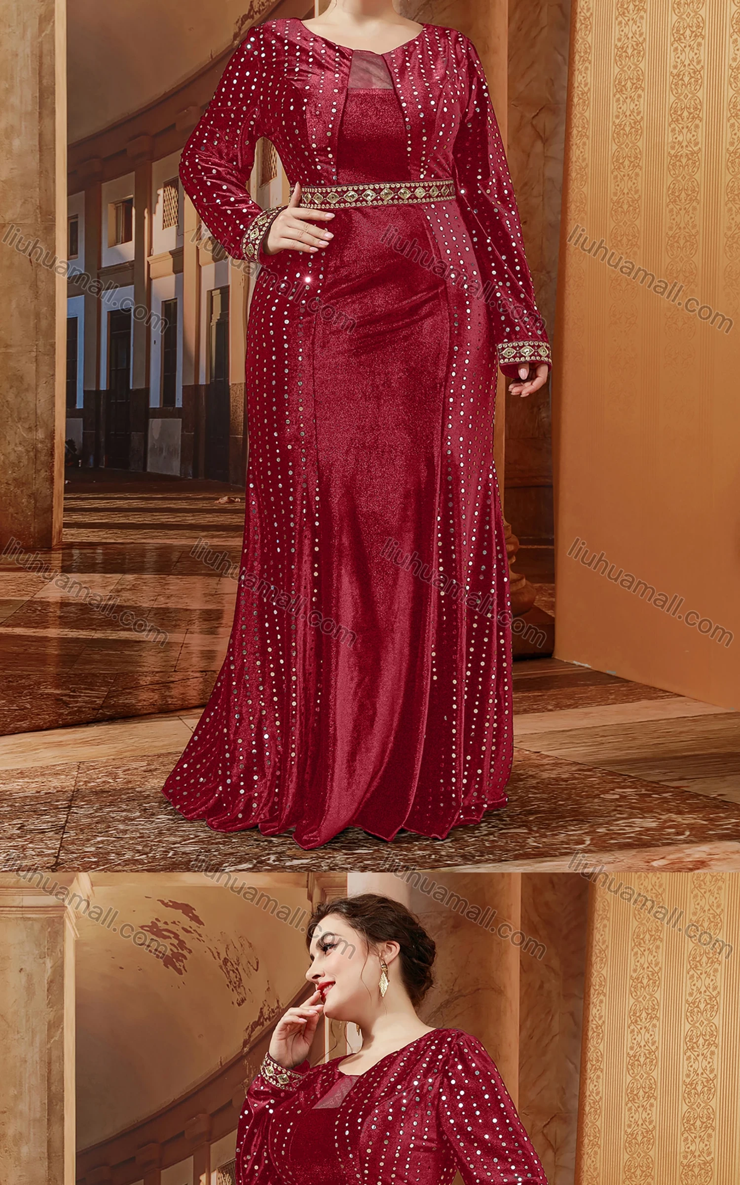 Wholesale Women's Elegant Gold Thread Embroidery Trim Sequins Mermaid Hem Evening Dress - Liuhuamall