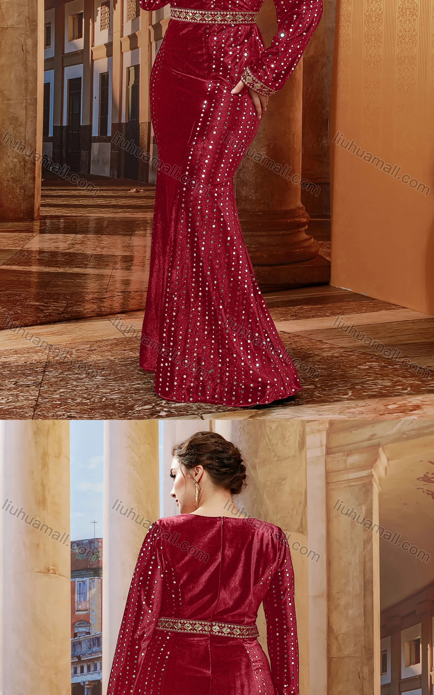 Wholesale Women's Elegant Gold Thread Embroidery Trim Sequins Mermaid Hem Evening Dress - Liuhuamall