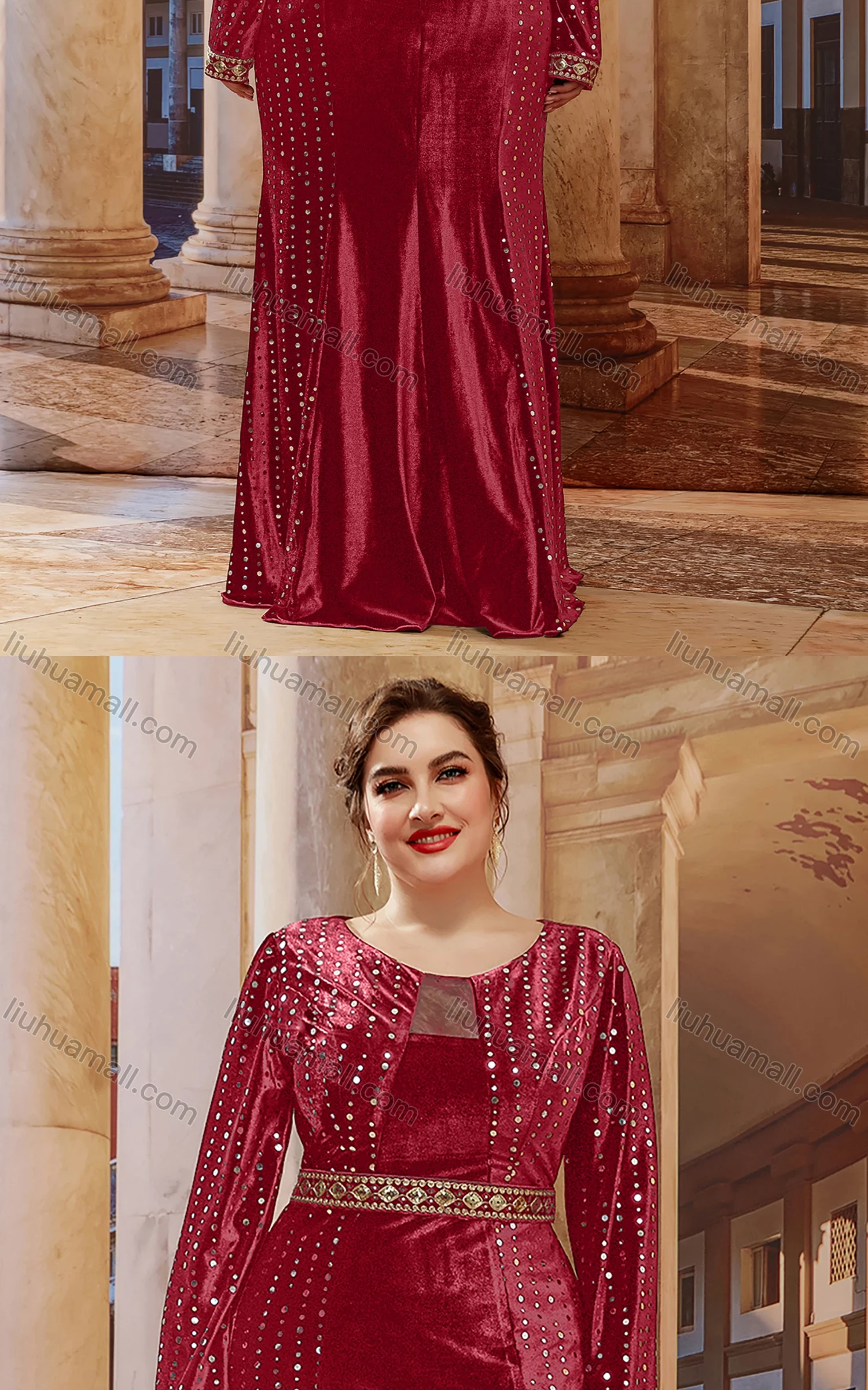 Wholesale Women's Elegant Gold Thread Embroidery Trim Sequins Mermaid Hem Evening Dress - Liuhuamall